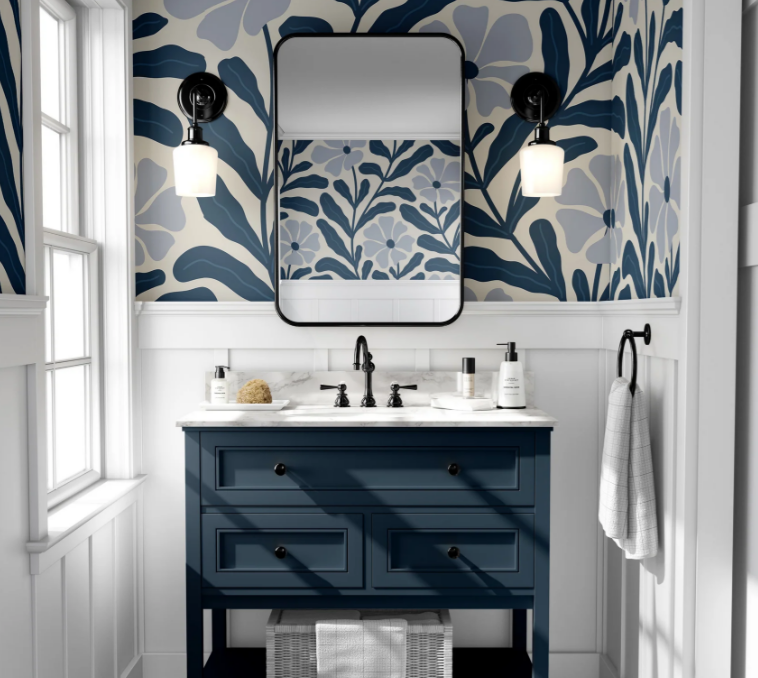 Bathroom with James & Colors peel and stick wallpaper — one of the best peel and stick wallpaper designs for modern homes.
