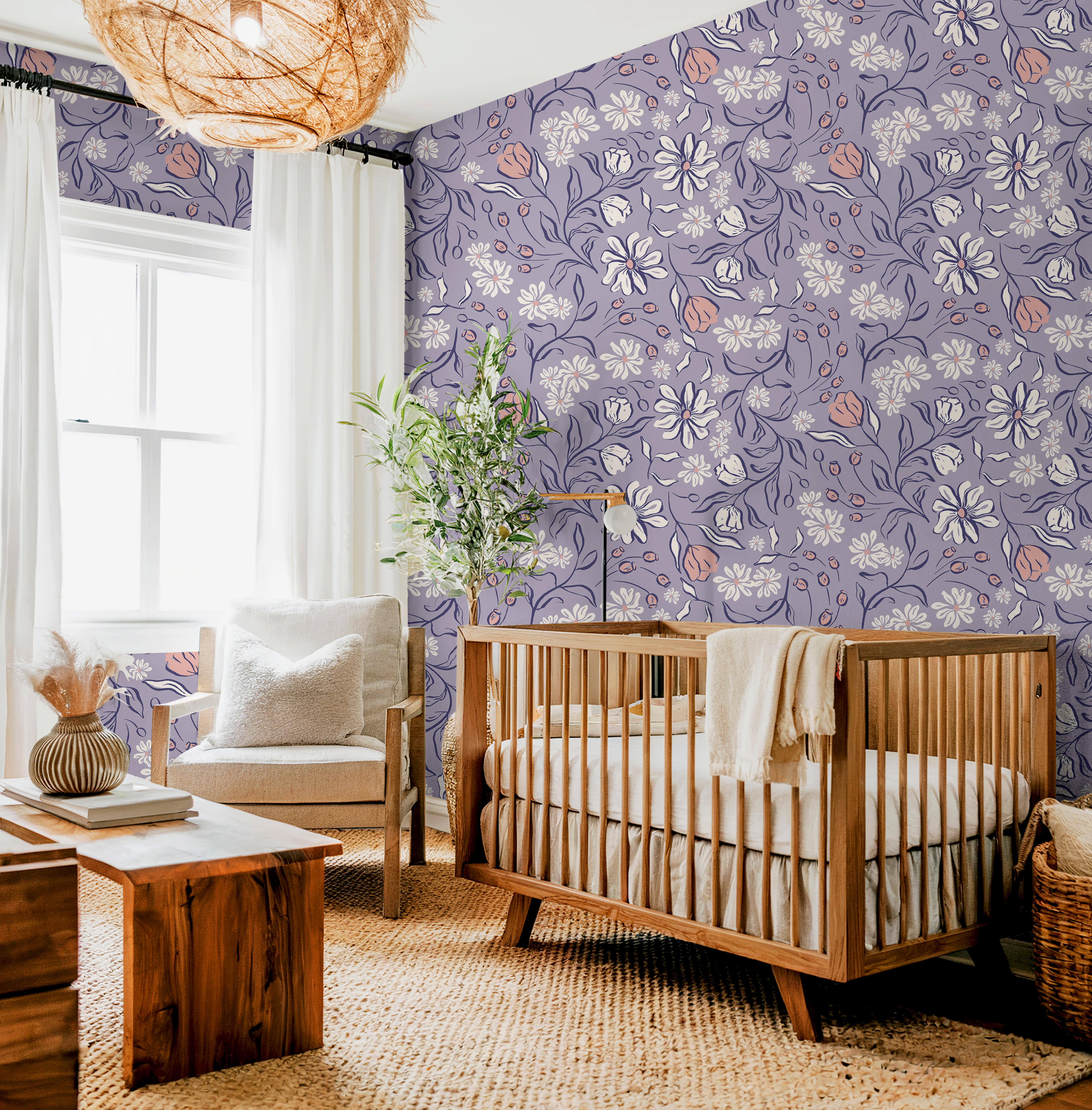 Whimsical Floral Nursery Wallpaper – Lavender Design | James and Color ...