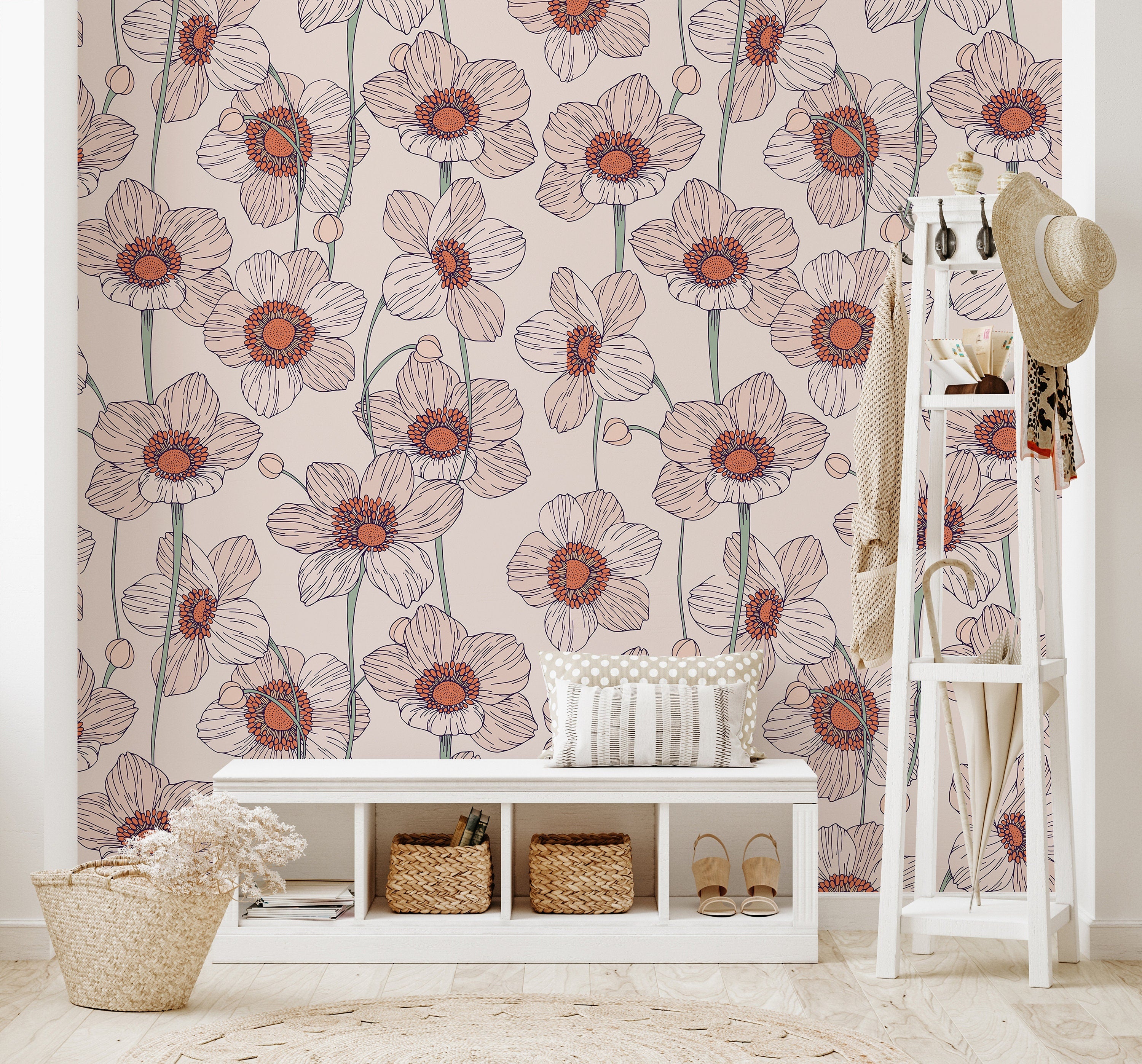 Light Pink Floral Wallpaper Wallpaper Peel and Stick Removable