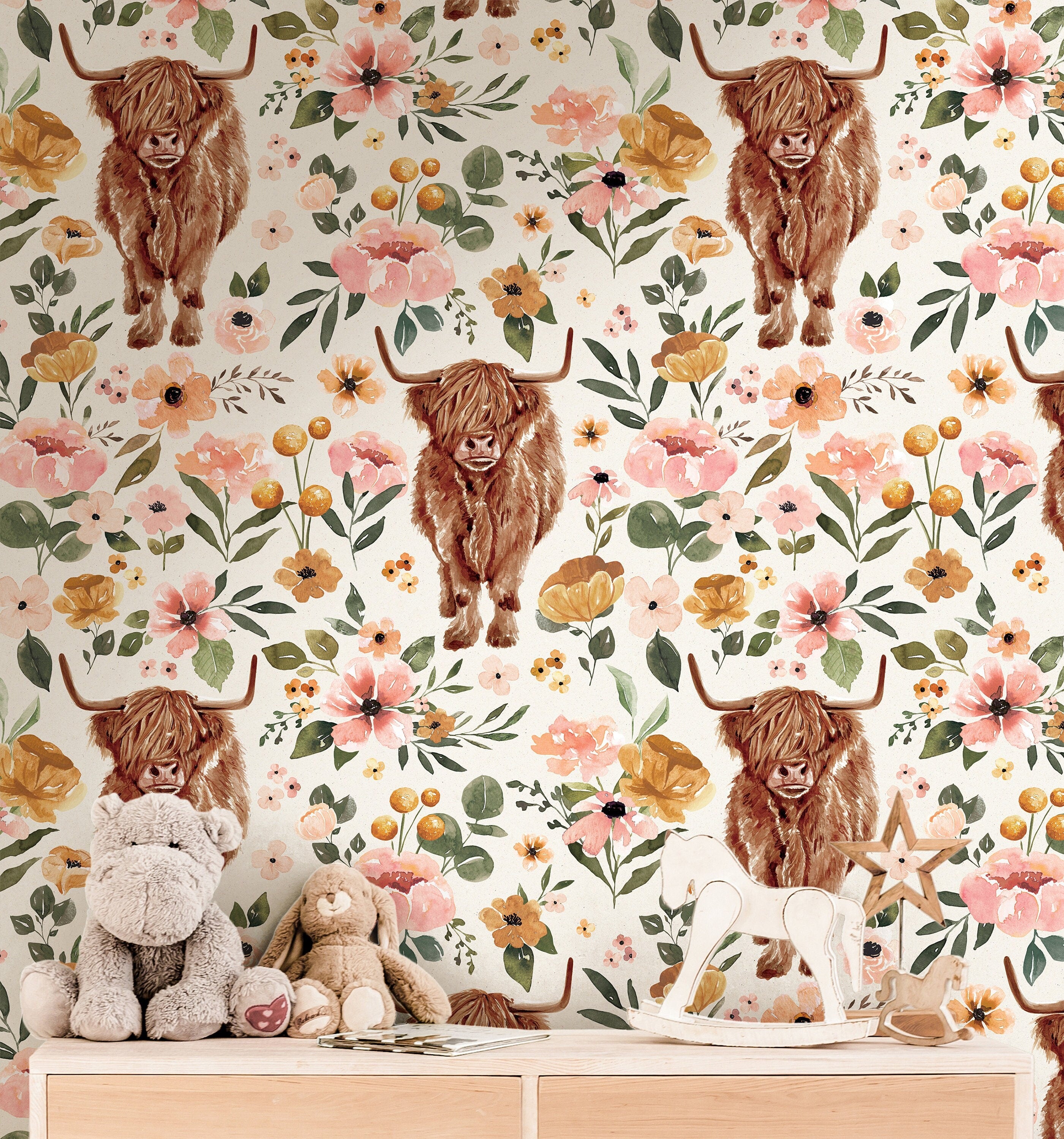 Highland Cow Floral Girls Wallpaper, Girls Nursery Wallpaper, Kids  Wallpaper, Childrens Wallpaper, Peel Stick Removable Wallpaper
