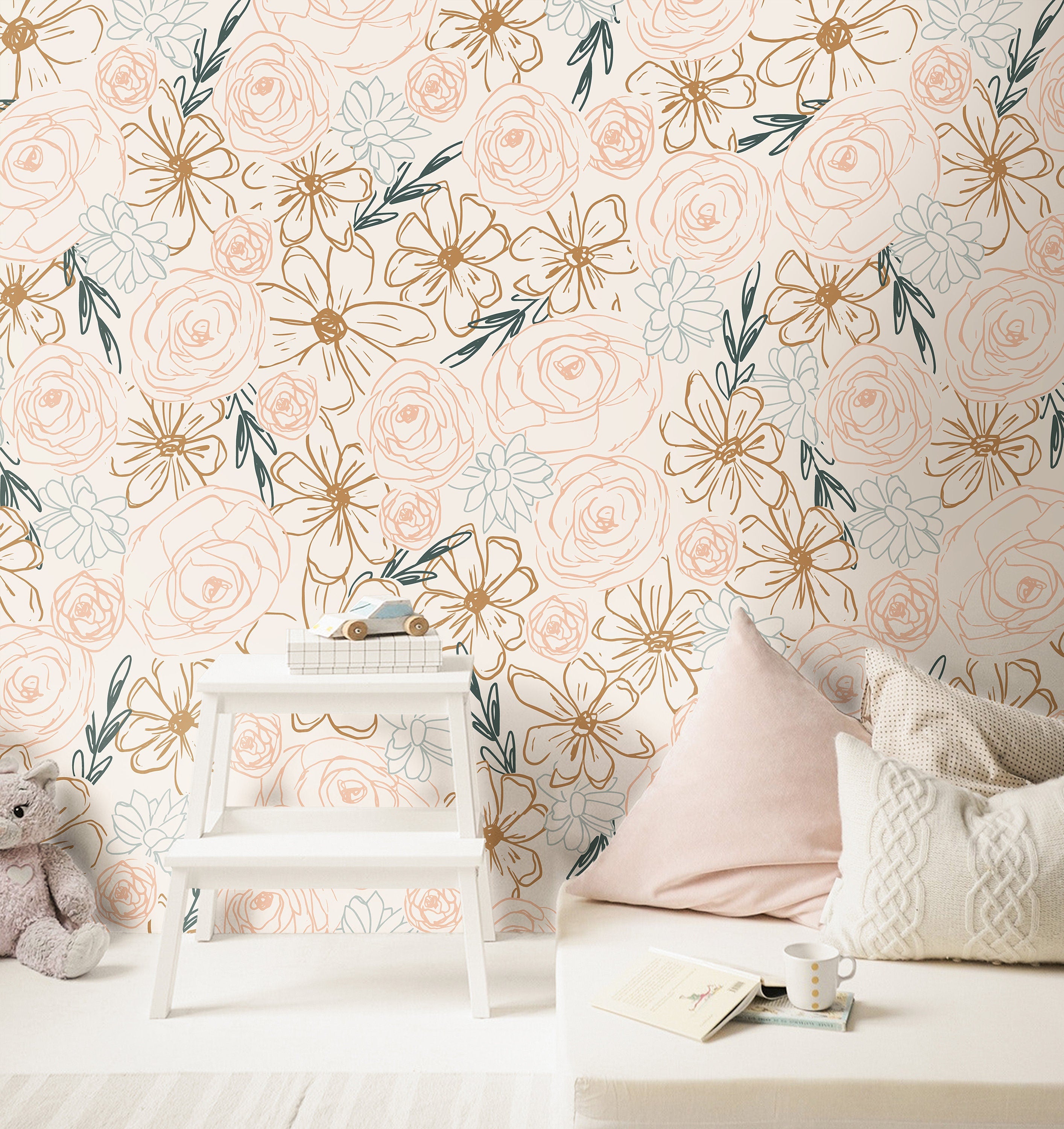 Neutral Floral Outline Wallpaper | Girls Nursery Wallpaper | Kids Wallpaper | Childrens Wallpaper | Peel Stick Removable Wallpaper | 162 - JamesAndColors