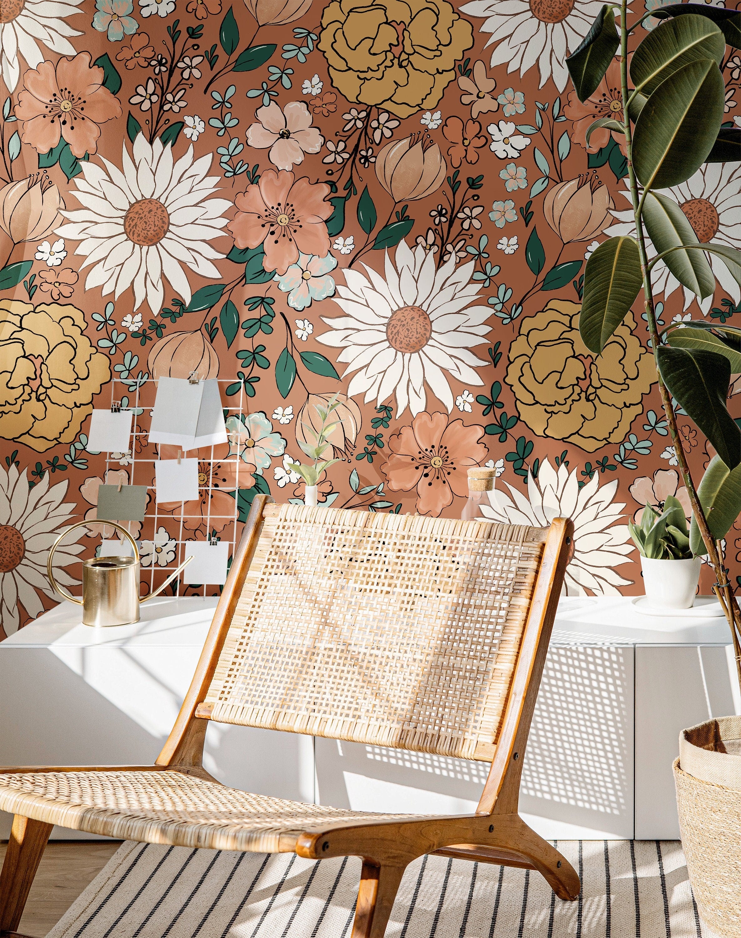 Harvest Harmony | Terracotta Floral Removable Wallpaper for Living Roo ...