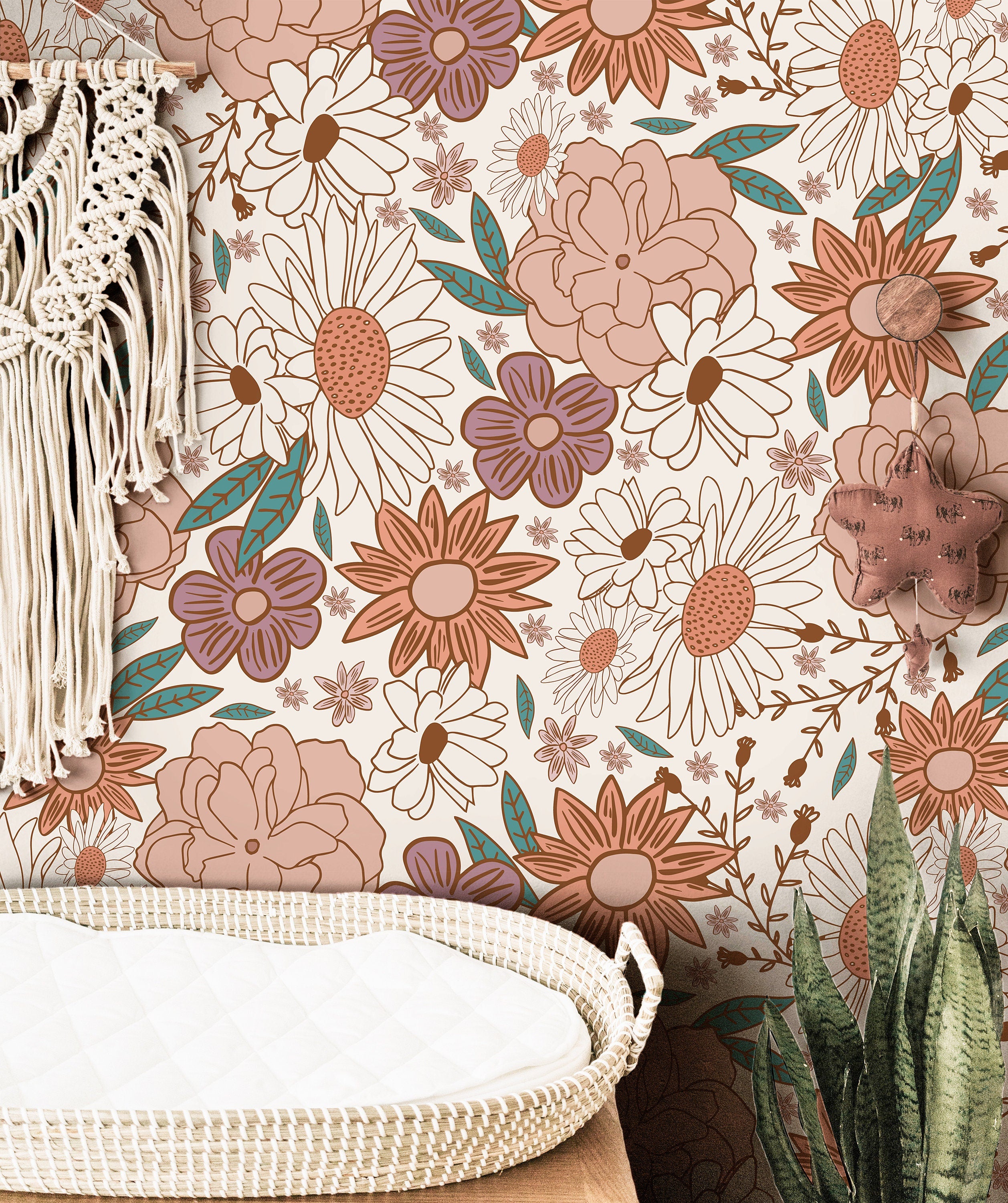 Pink Floral Garden Boho Wallpaper | Girls Nursery Wallpaper | Kids Wallpaper | Childrens Wallpaper | Peel Stick Removable Wallpaper | 384