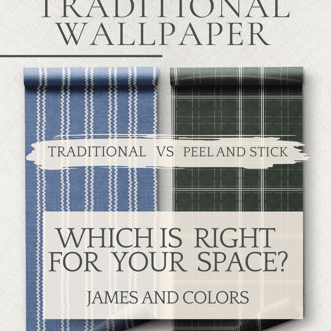 Side-by-side comparison of peel and stick wallpaper vs traditional wallpaper by James & Colors.