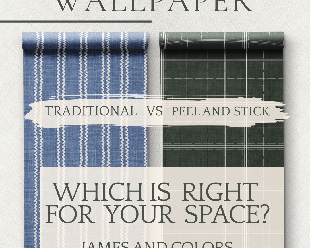 Side-by-side comparison of peel and stick wallpaper vs traditional wallpaper by James & Colors.