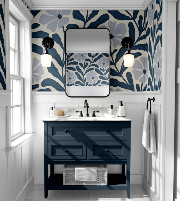 Bathroom with James & Colors peel and stick wallpaper — one of the best peel and stick wallpaper designs for modern homes.