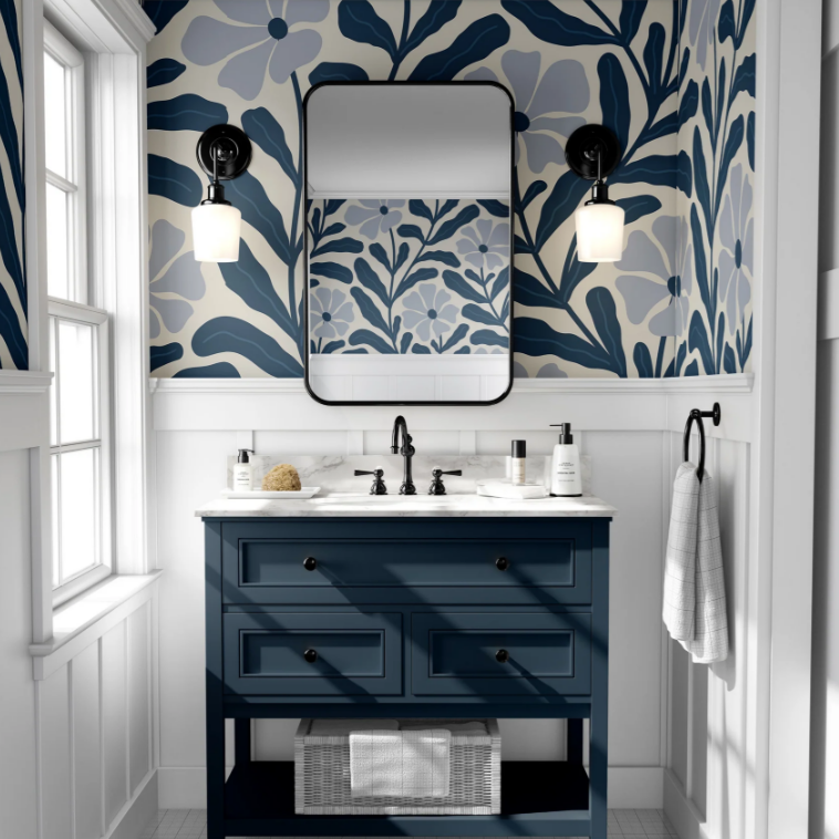 Bathroom with James & Colors peel and stick wallpaper — one of the best peel and stick wallpaper designs for modern homes.