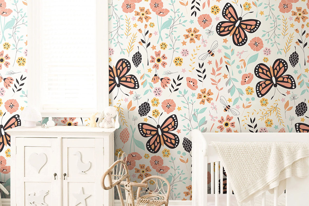 Floral butterfly wallpaper for girls nursery with peel and stick design in a soft pastel bedroom