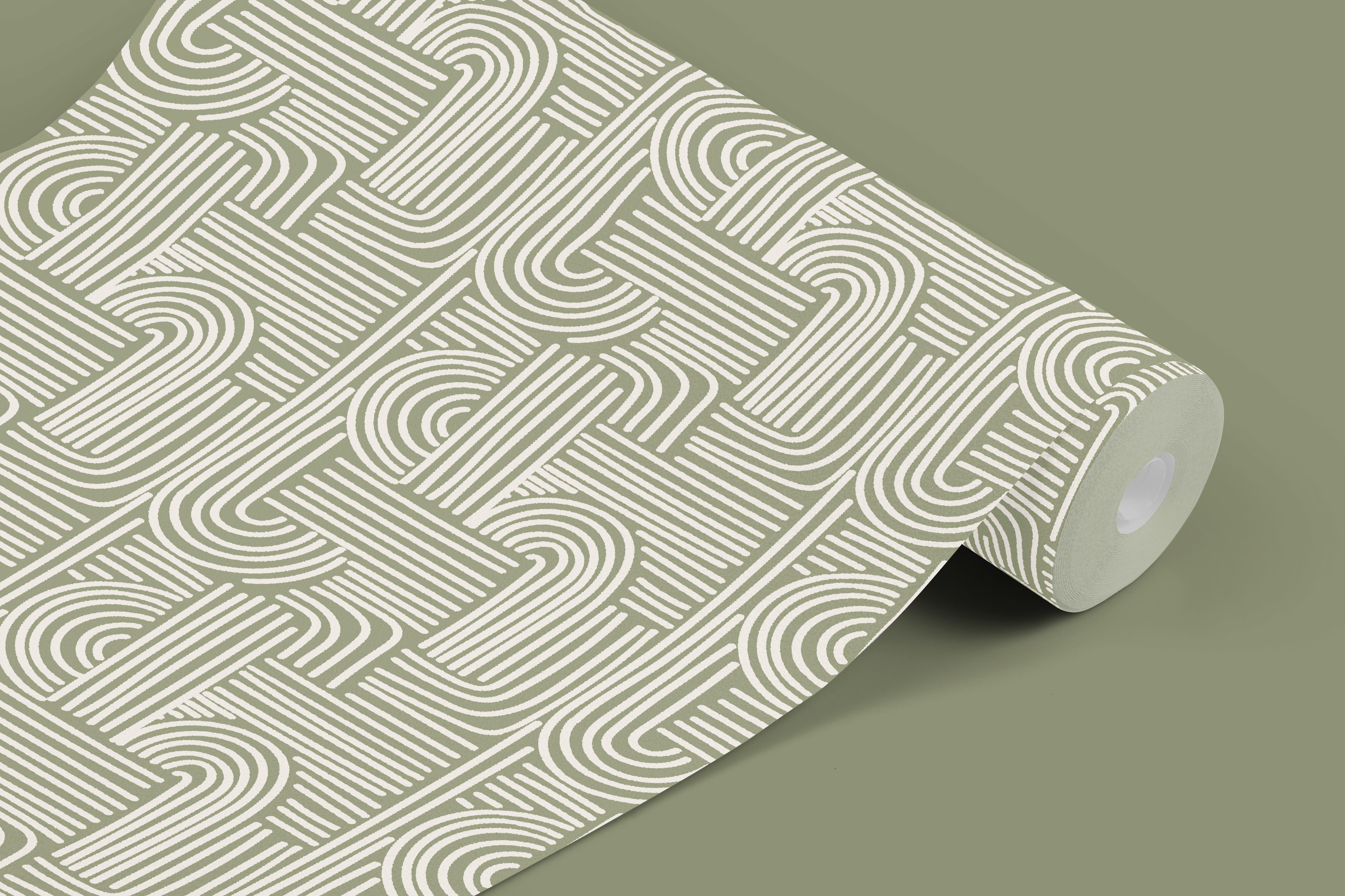 Contact 1033: Rolled sage green contact paper with a white geometric pattern featuring interwoven arcs and lines, displayed on a matching green surface.