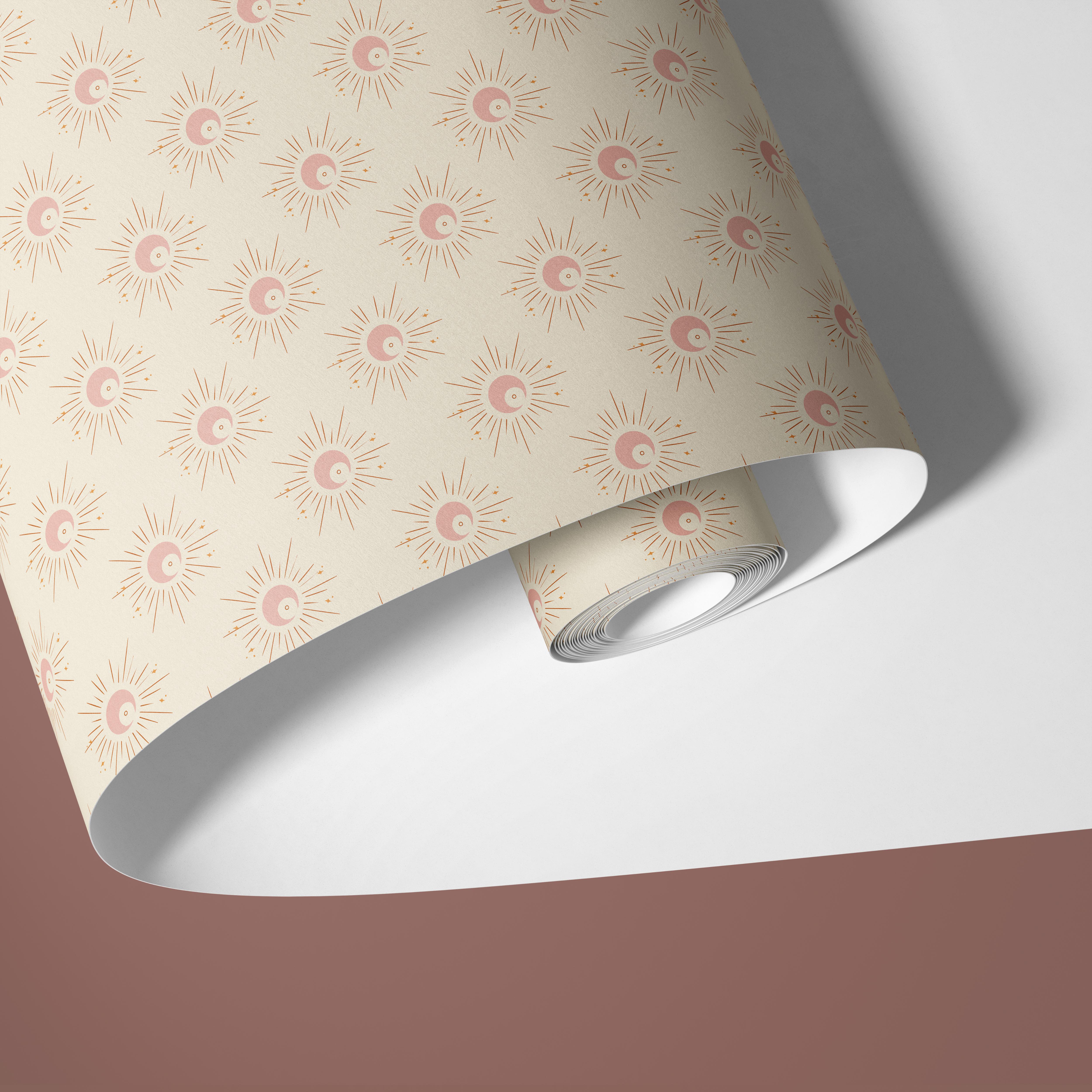 Contact paper 1034: A soft beige contact paper featuring delicate hand-drawn sunbursts in warm terracotta tones, creating a boho, celestial-inspired aesthetic perfect for modern and minimalist interiors.