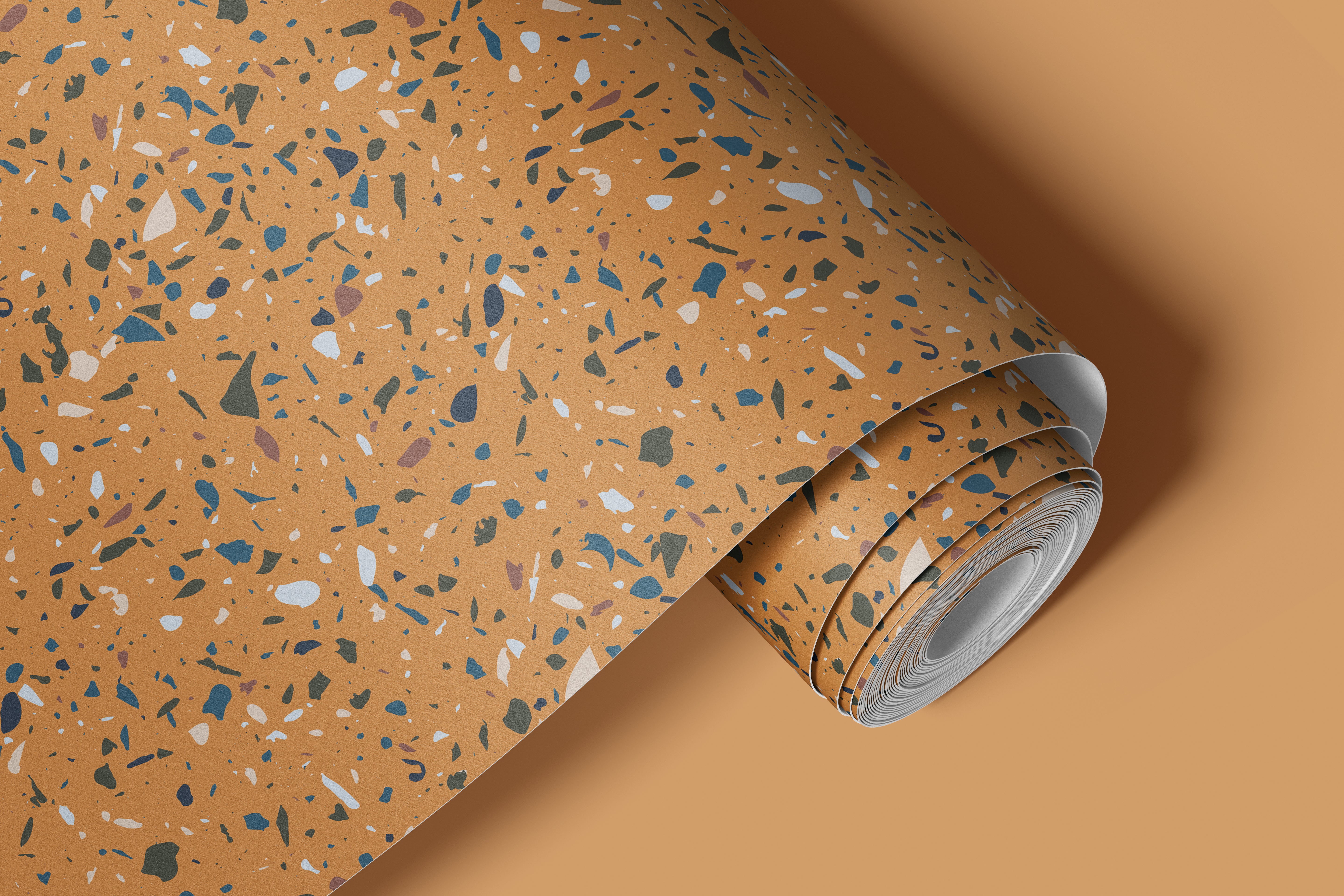 Contact paper 107: A roll of yellow terrazzo wallpaper featuring a speckled pattern in blue, white, and earthy tones, designed for modern interiors and accent walls.