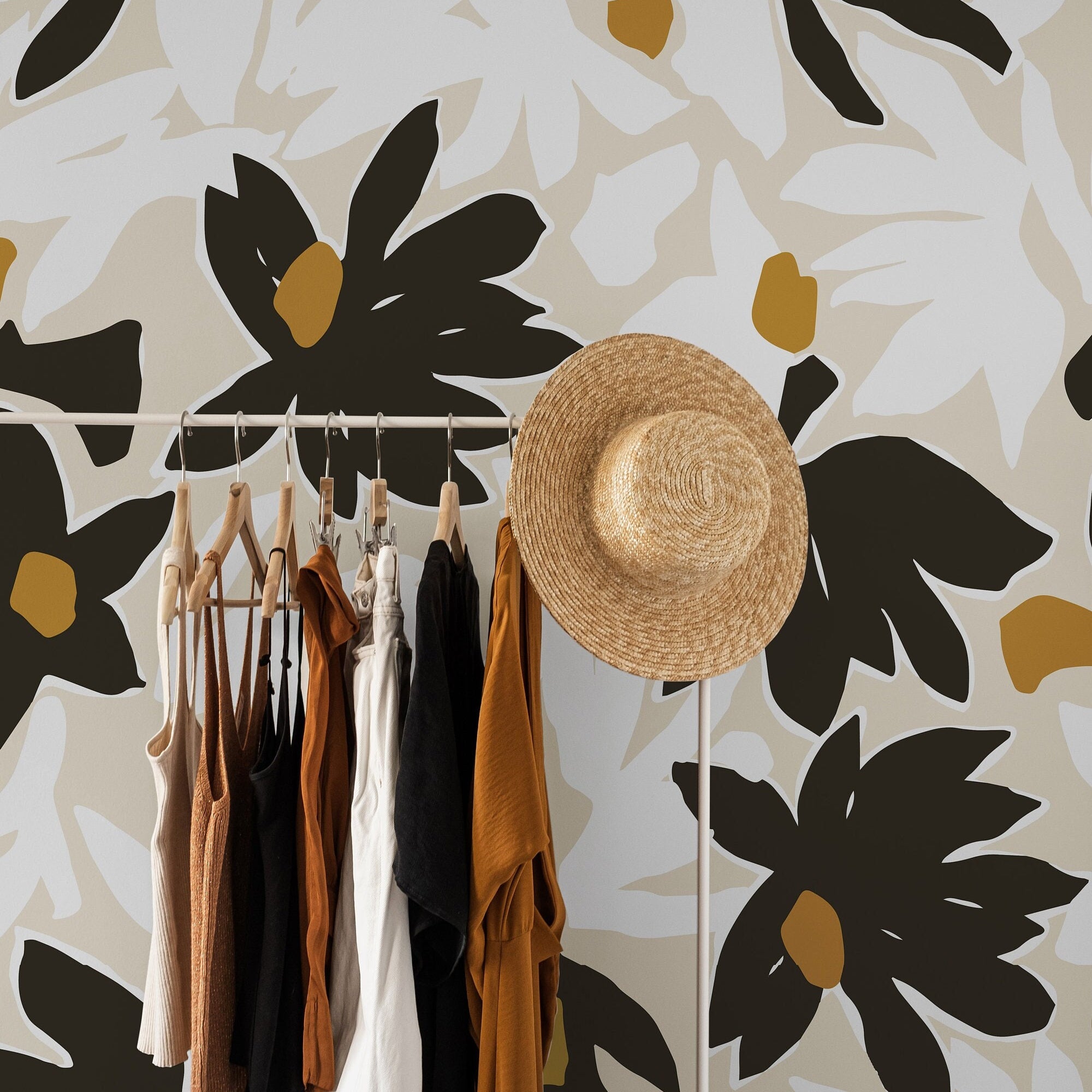 Close-up of After Midnight wallpaper with large abstract florals in espresso brown, ochre, and cream.