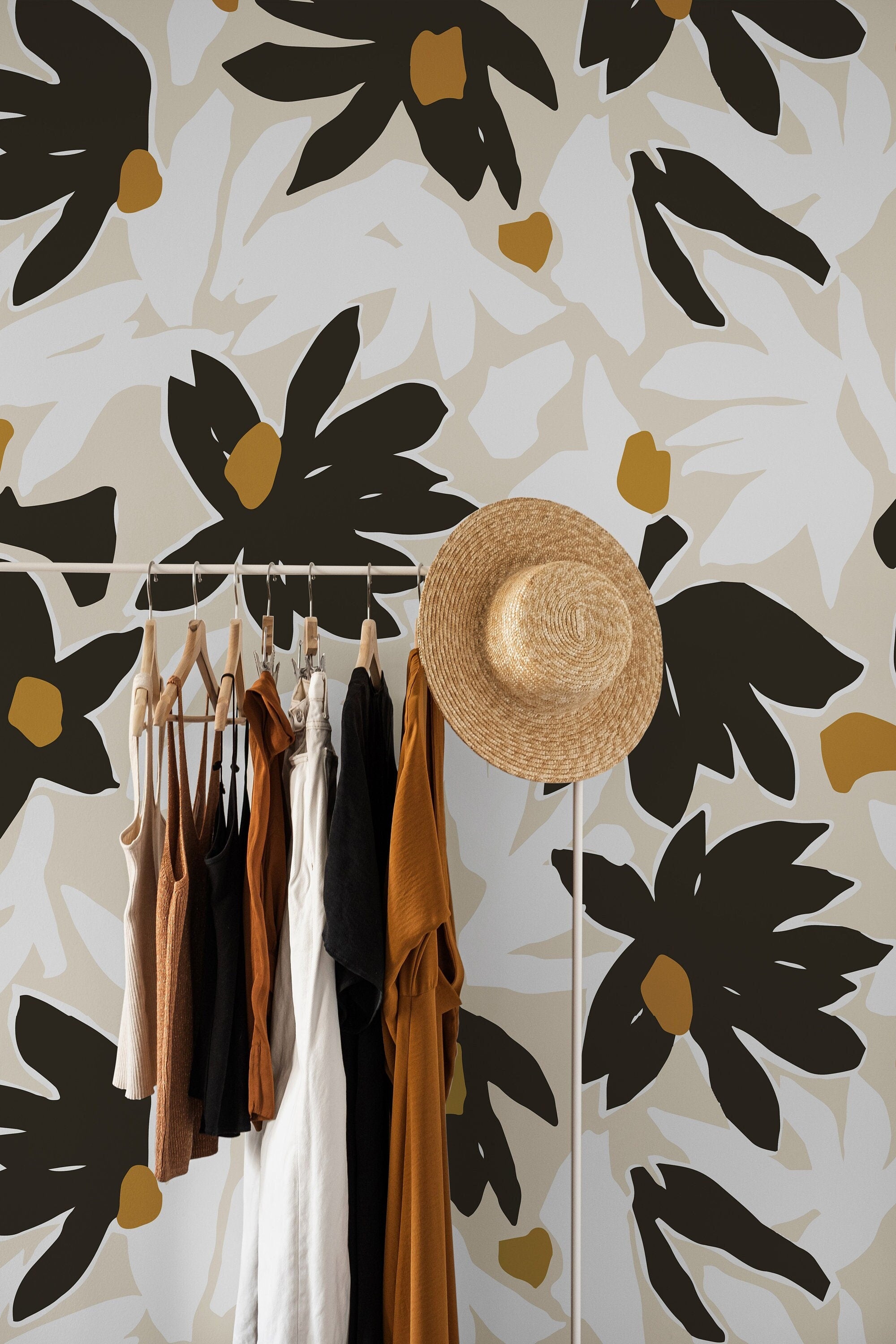 Close-up of After Midnight wallpaper with large abstract florals in espresso brown, ochre, and cream.