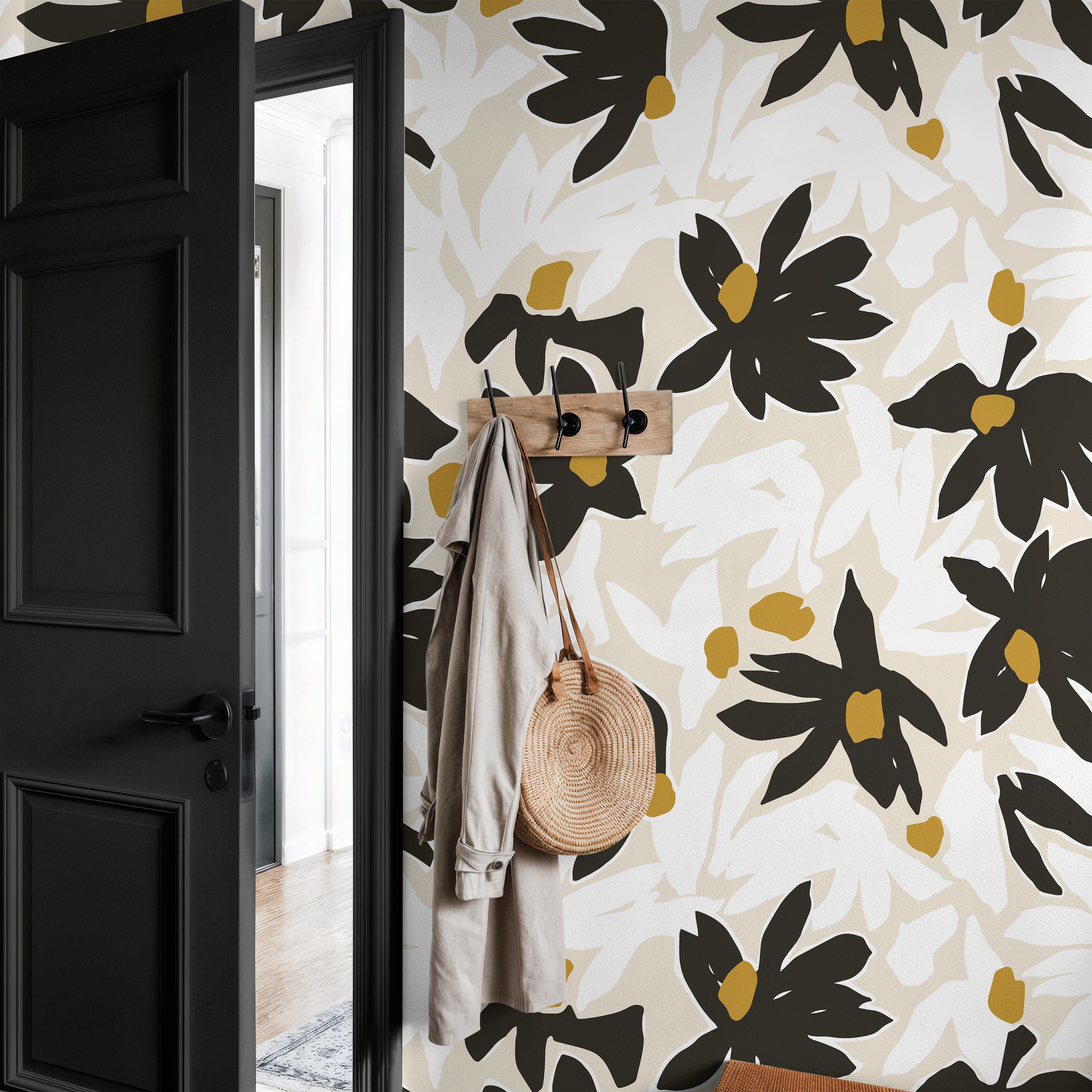 After Midnight moody floral wallpaper creating a dramatic feature wall in a modern entryway