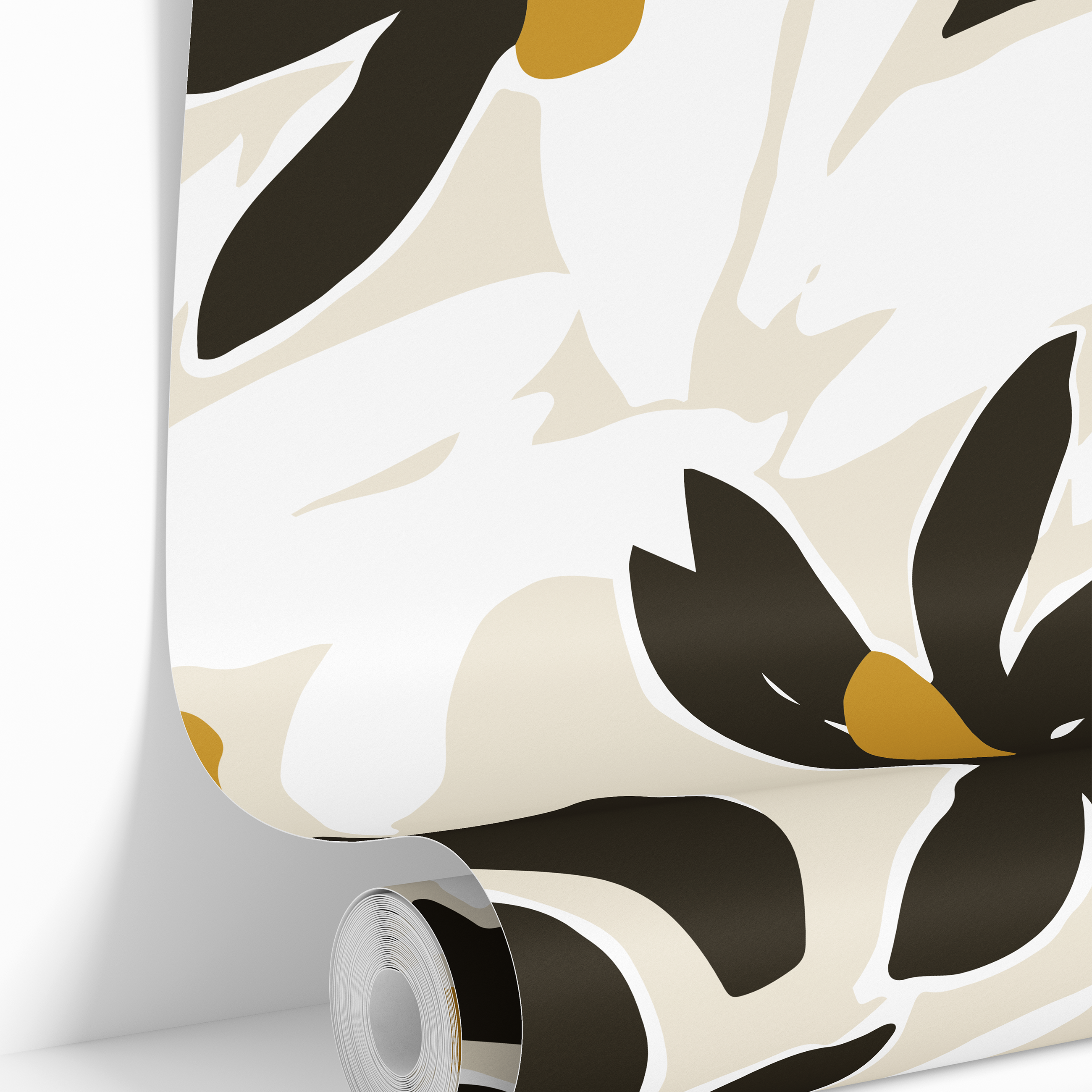 Roll of After Midnight wallpaper featuring oversized espresso, ochre, and cream abstract flowers.