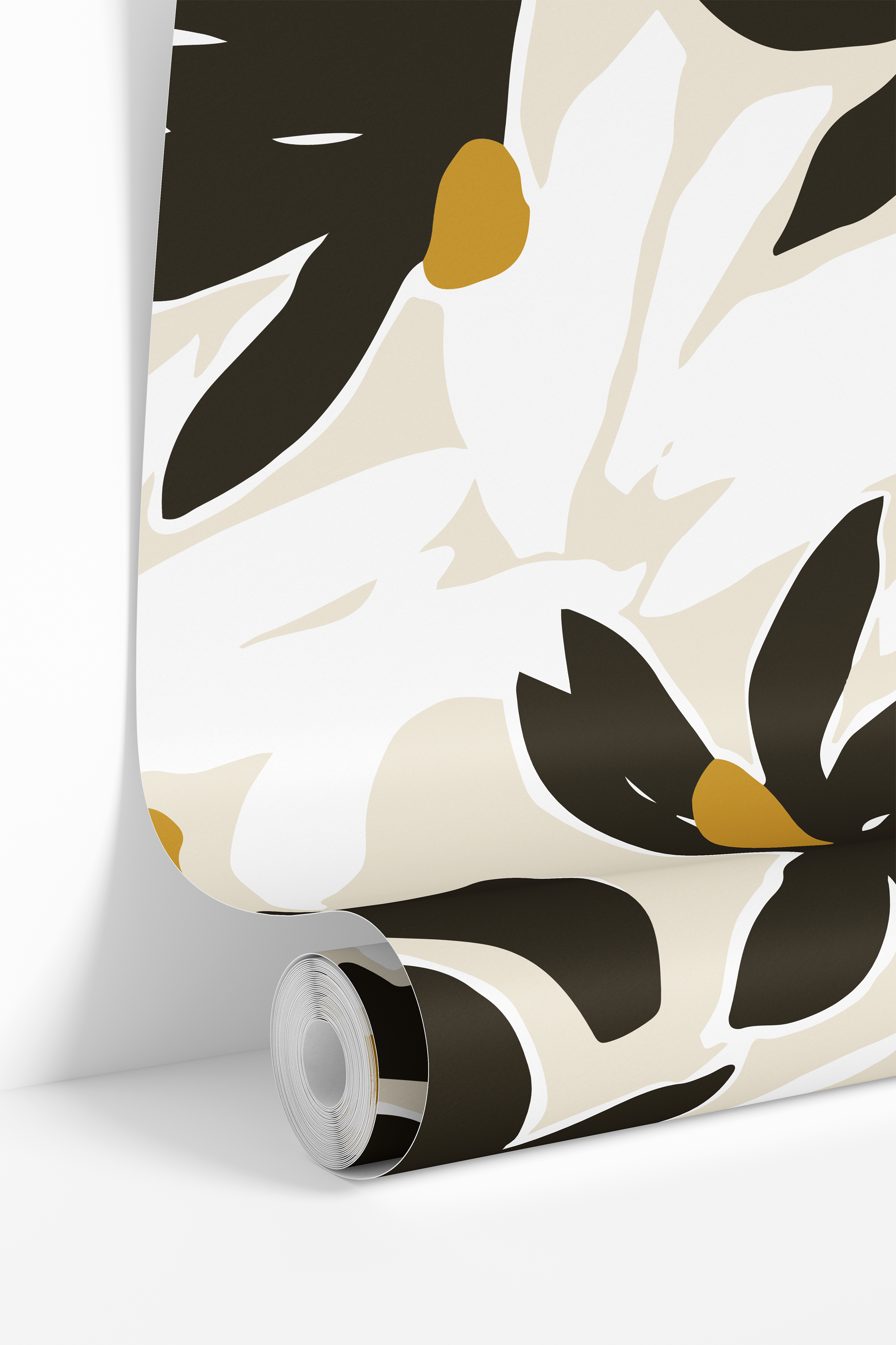 Roll of After Midnight wallpaper featuring oversized espresso, ochre, and cream abstract flowers.