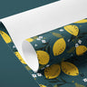 Contact paper 1079: A deep green contact paper featuring a hand-illustrated pattern of vibrant yellow lemons, leafy branches, and delicate white blossoms, evoking a fresh Mediterranean aesthetic.
