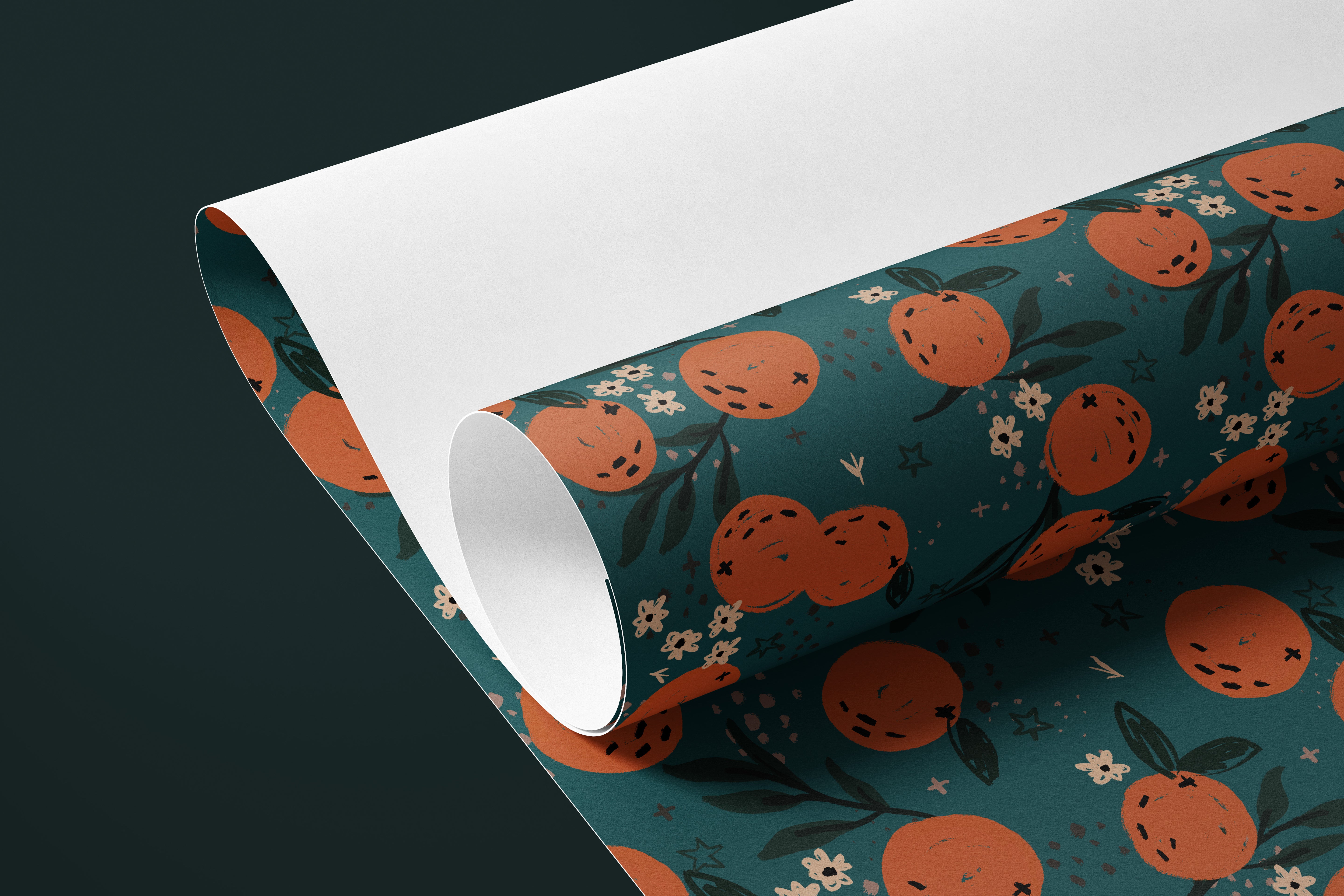 Contact paper 1080: A dark green contact paper featuring a hand-drawn pattern of bright oranges, leafy branches, and delicate orange blossoms, creating a vintage botanical aesthetic.