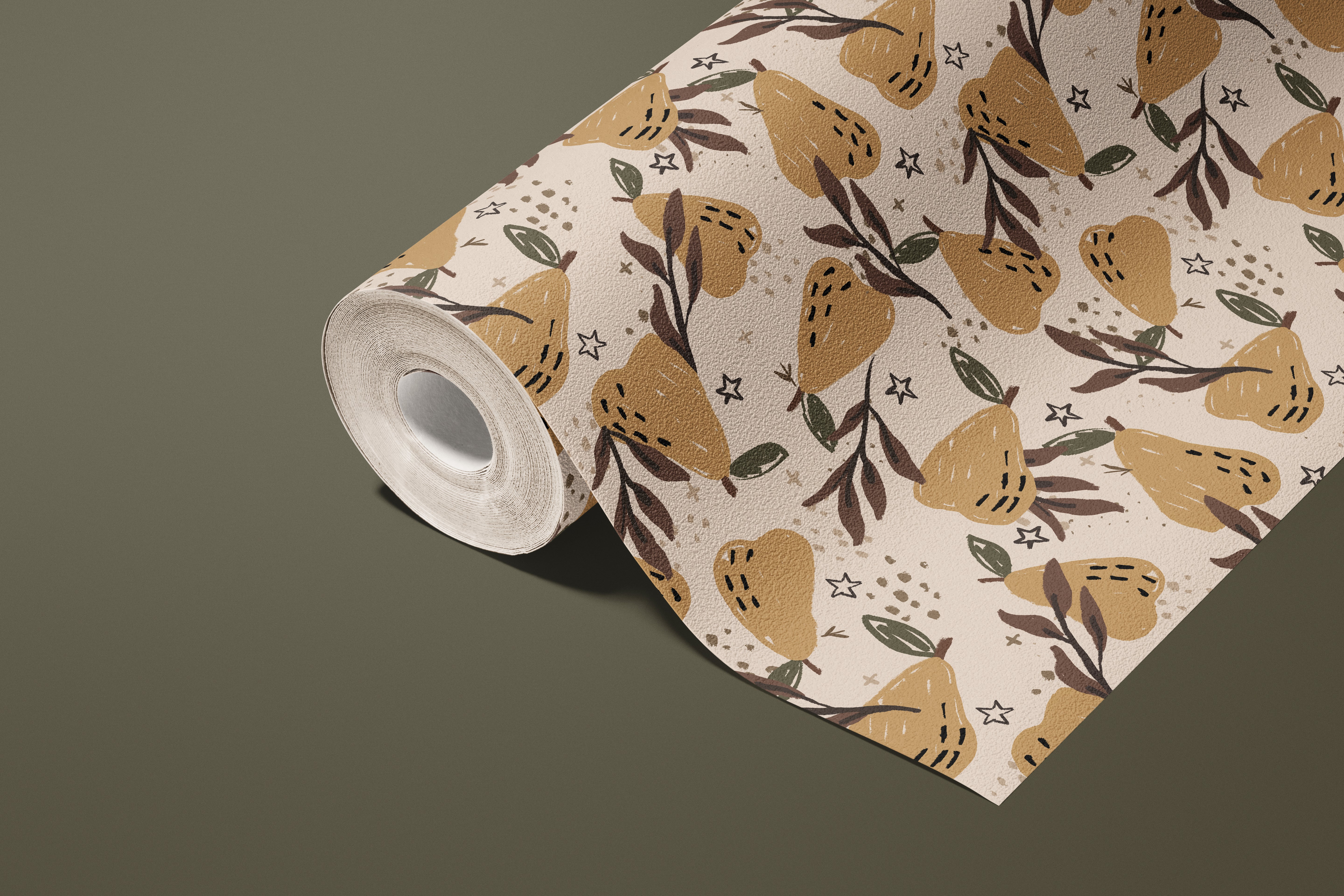 Contact paper 1081: Vintage-inspired pear contact paper featuring hand-drawn golden pears, leafy branches, and whimsical details on a soft beige background for a warm, rustic aesthetic.