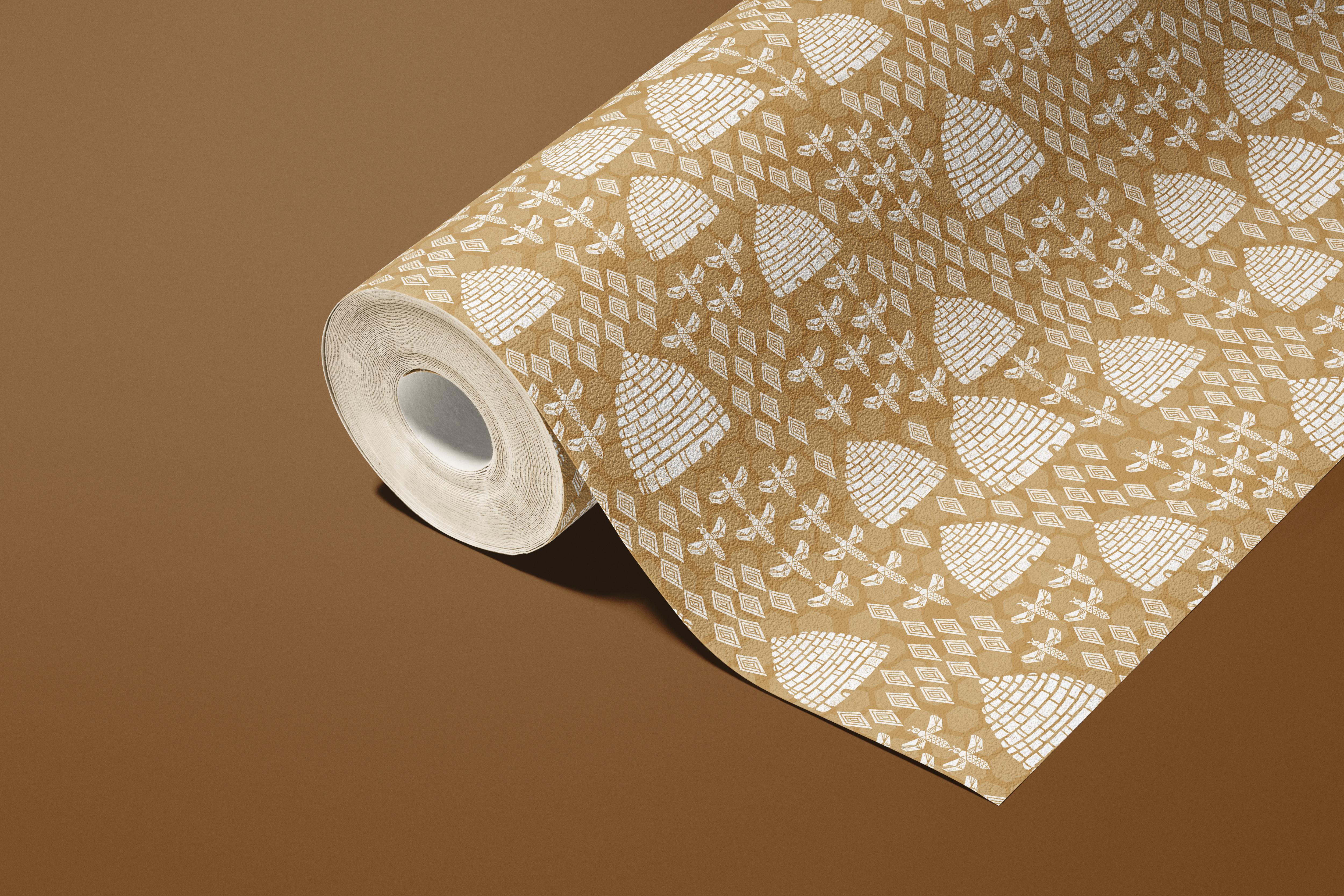 Contact 1086: Rustic honeycomb contact paper featuring hand-drawn beehives, honeycombs, and bees in warm golden tones, creating a vintage farmhouse aesthetic.