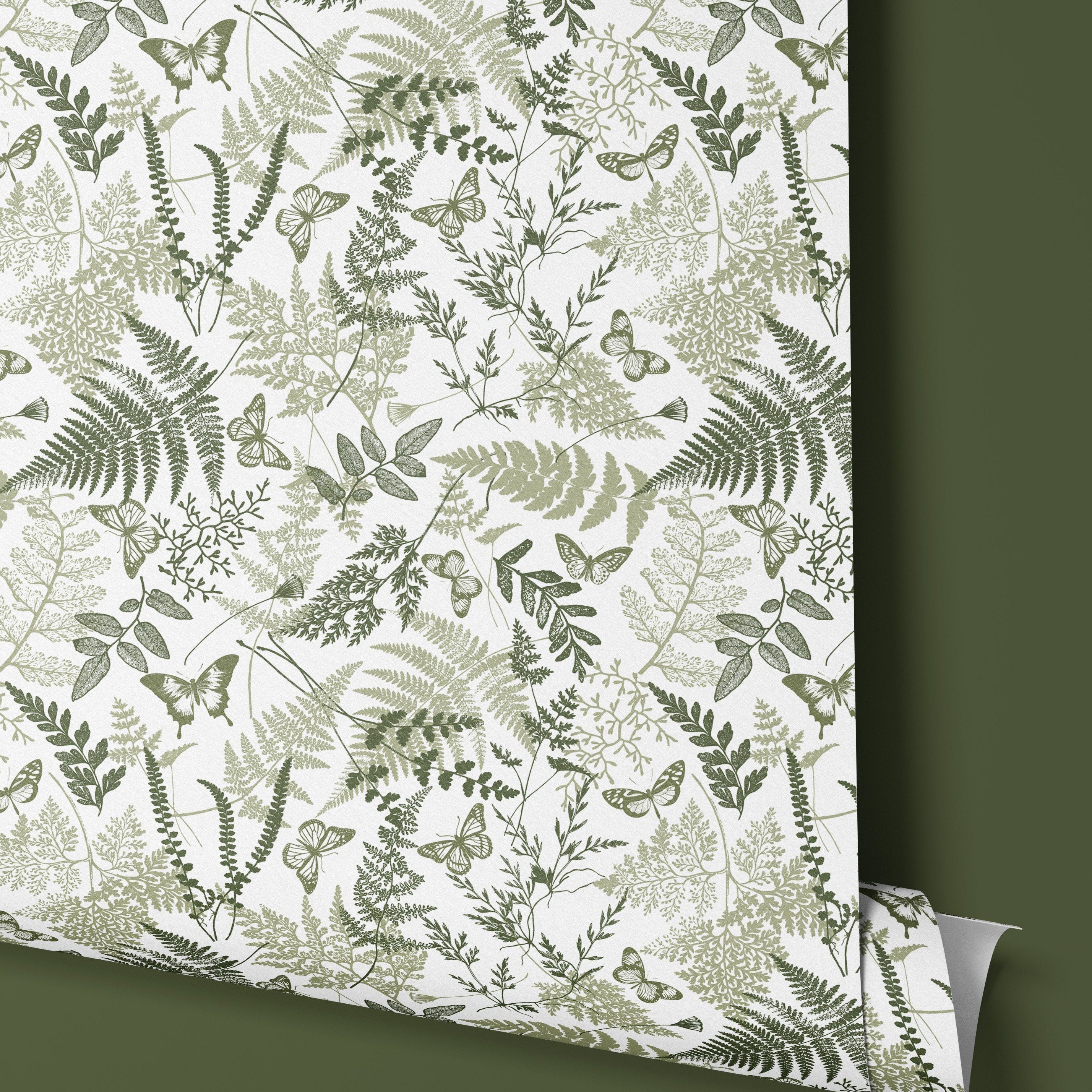Contact paper 1089: A nature-inspired contact paper featuring hand-drawn ferns, leafy branches, and delicate butterflies in soft green tones on a neutral background. The intricate botanical pattern brings a serene woodland aesthetic to walls, furniture, or décor projects.