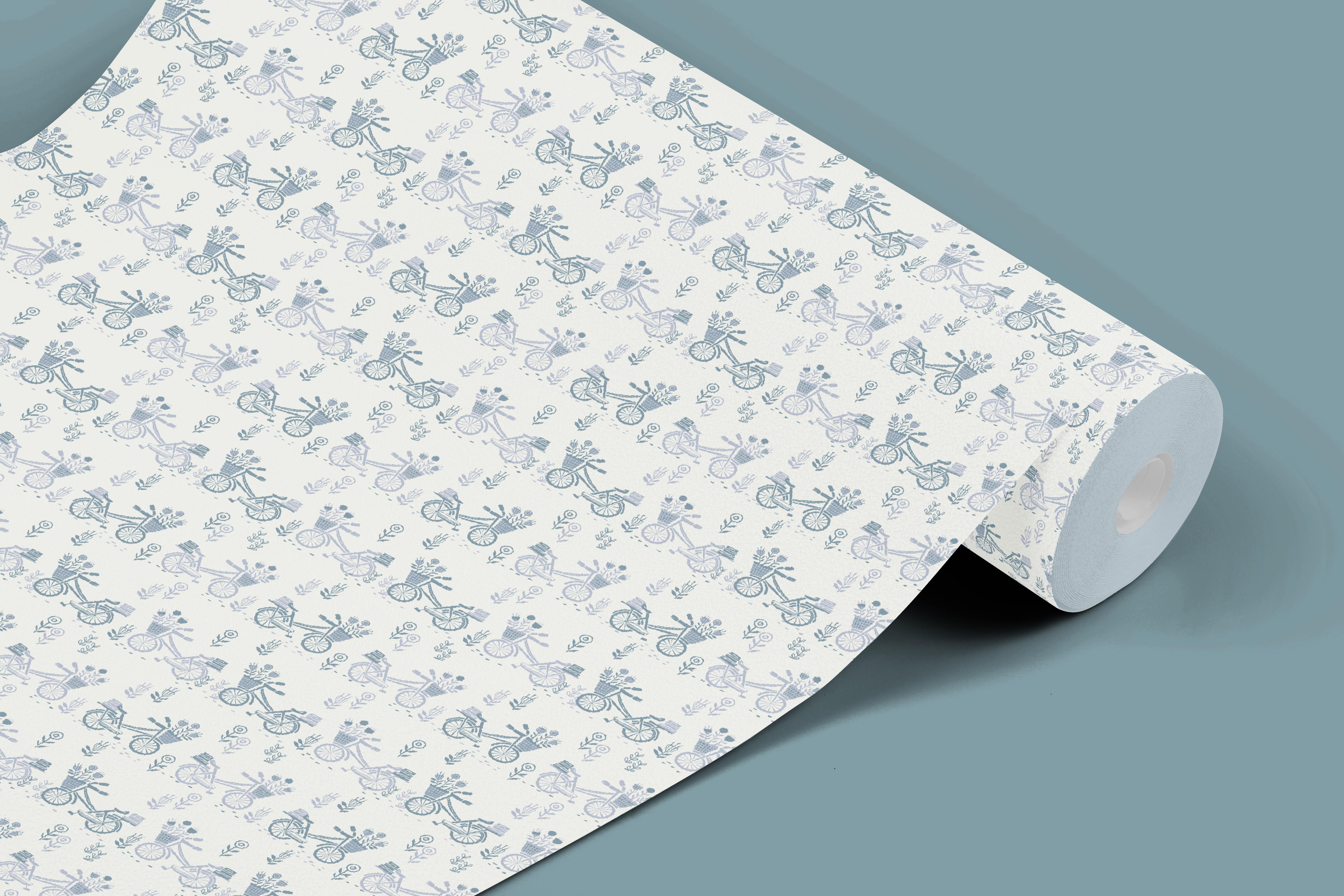 Contact Paper 1095: Vintage bicycle contact paper featuring hand-drawn bicycles with floral baskets in soft muted blue tones for a charming and whimsical countryside aesthetic.
