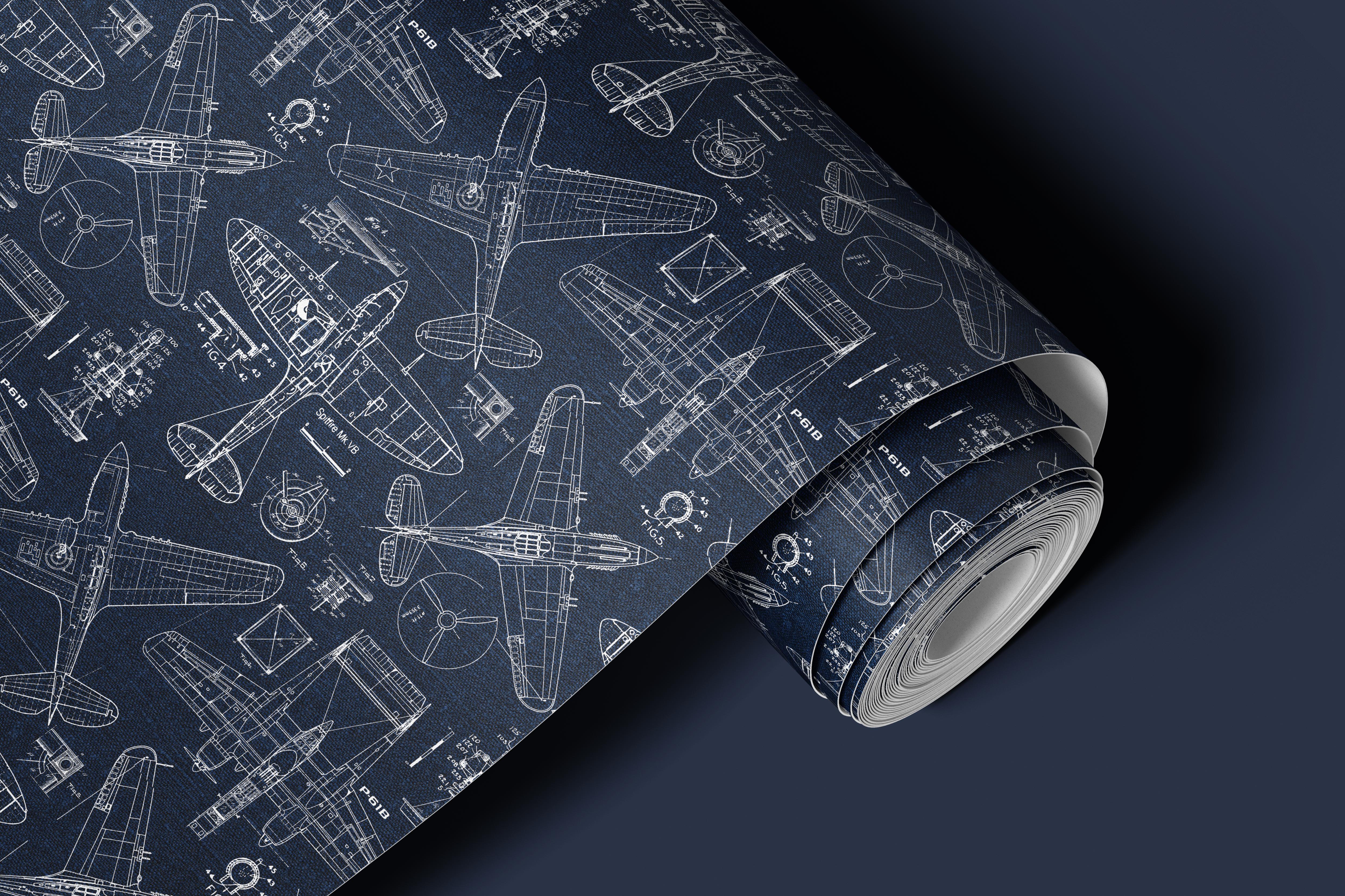 Contact paper 1109: Vintage aviation blueprint contact paper featuring detailed airplane schematics, technical drawings, and engineering designs on a navy blue background for a classic pilot-inspired aesthetic.