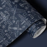 Contact paper 1109: Vintage aviation blueprint contact paper featuring detailed airplane schematics, technical drawings, and engineering designs on a navy blue background for a classic pilot-inspired aesthetic.