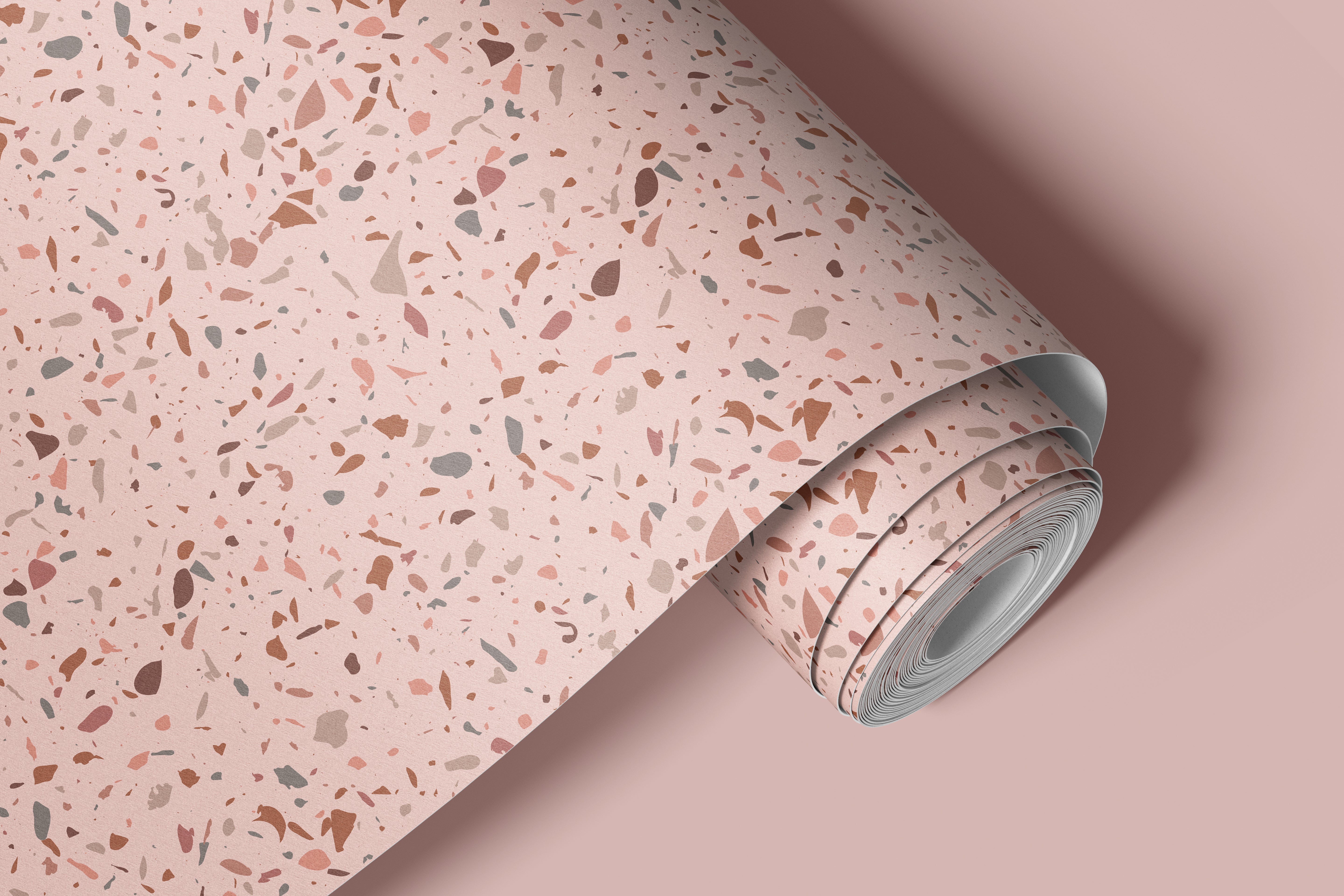 Contact paper 111: A roll of blush pink terrazzo wallpaper with speckled accents in soft pink, beige, and terracotta tones, designed for modern interiors and cozy accent walls.