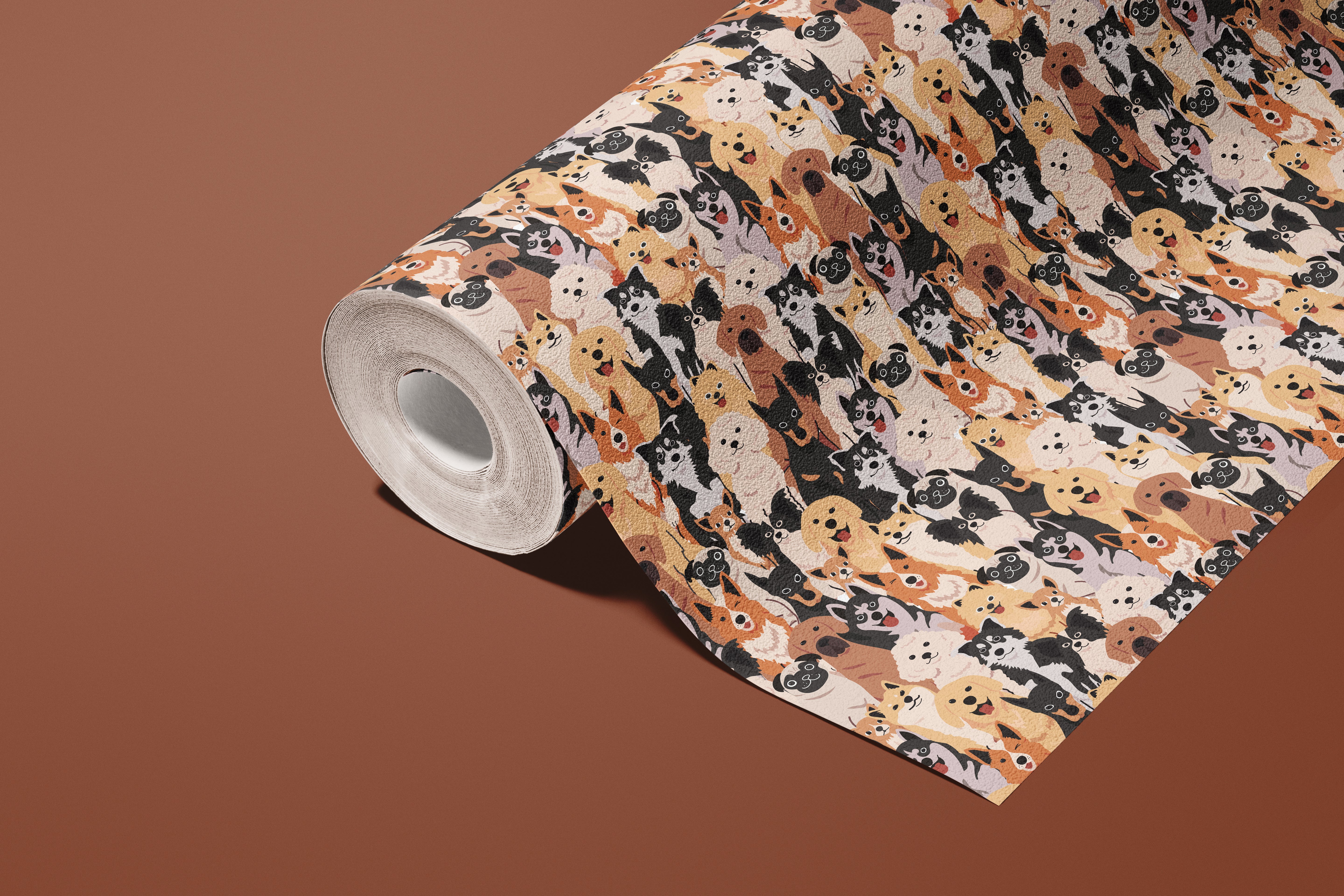 Contact paper 1115: Playful dog contact paper featuring hand-drawn cartoon-style puppies in various breeds, shades of brown, beige, black, and white for a warm, pet-friendly design.