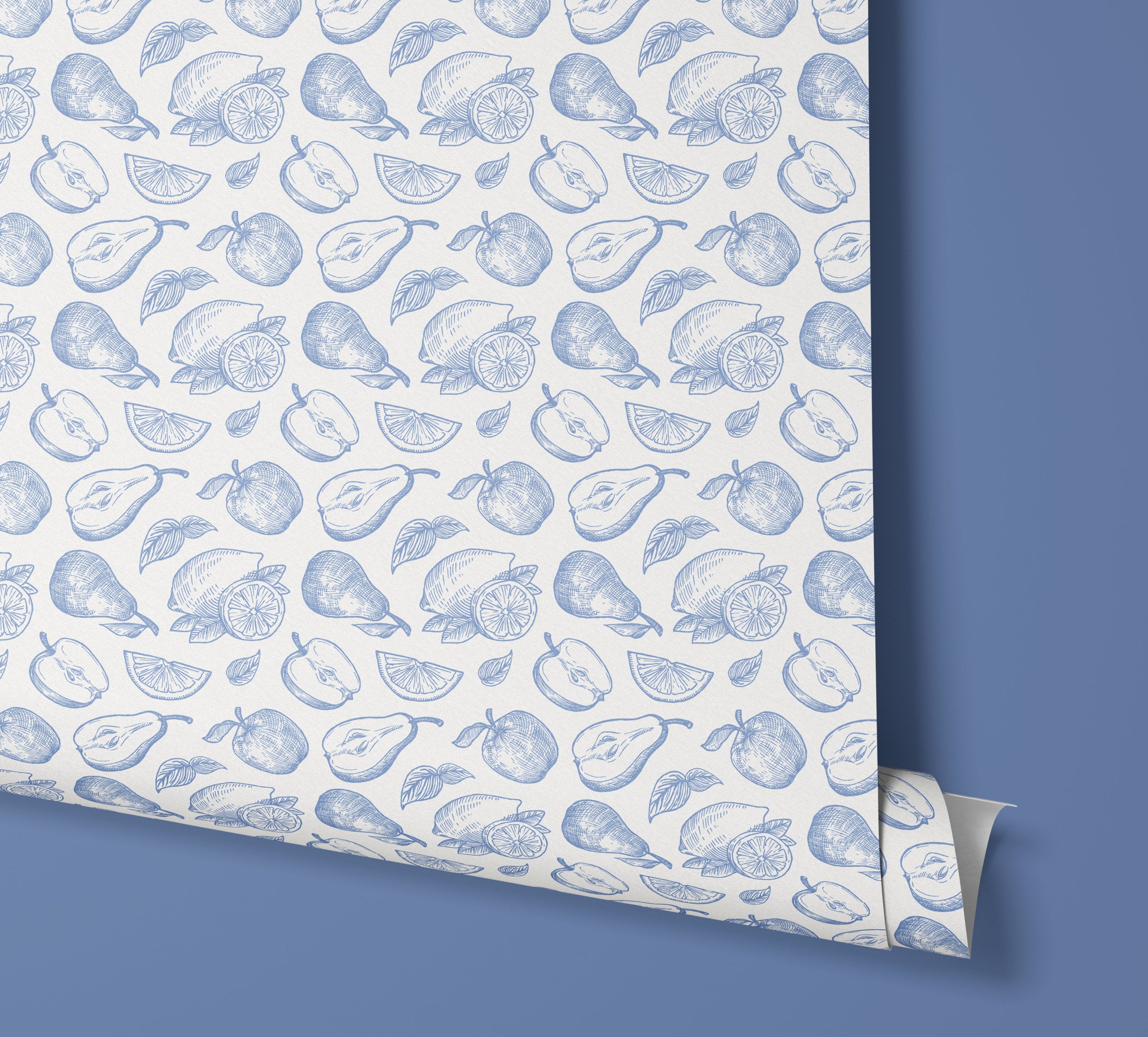 Contact paper 1131: A blue and white vintage-style contact paper featuring hand-drawn fruit illustrations, including pears, apples, citrus, and leaves, creating a French country or cottagecore aesthetic.
