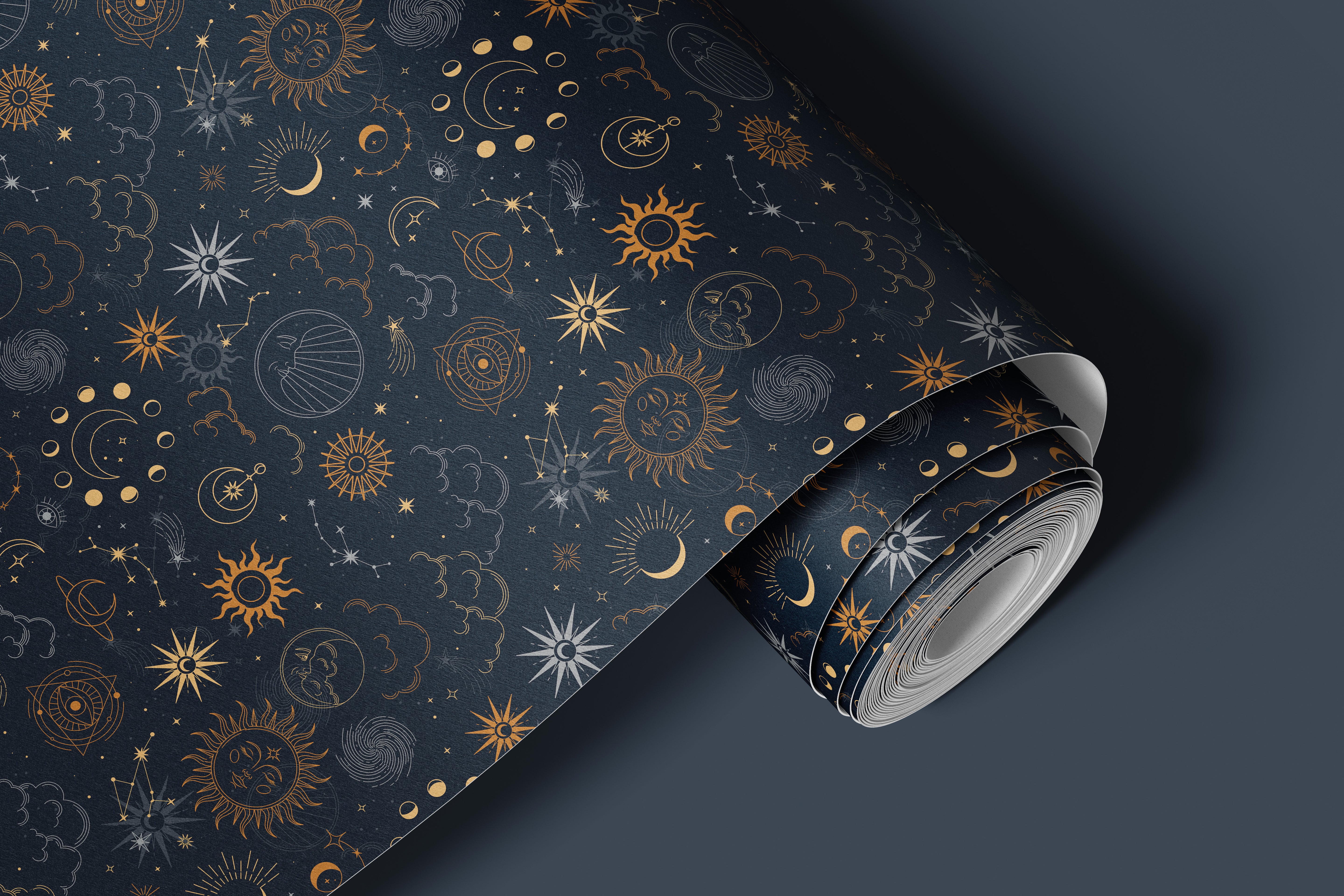 Contact paper 1136: A deep midnight blue contact paper featuring intricate celestial designs, including golden suns, crescent moons, constellations, and mystical astrological symbols, ideal for a cosmic or vintage-inspired aesthetic.