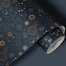 Contact paper 1136: A deep midnight blue contact paper featuring intricate celestial designs, including golden suns, crescent moons, constellations, and mystical astrological symbols, ideal for a cosmic or vintage-inspired aesthetic.