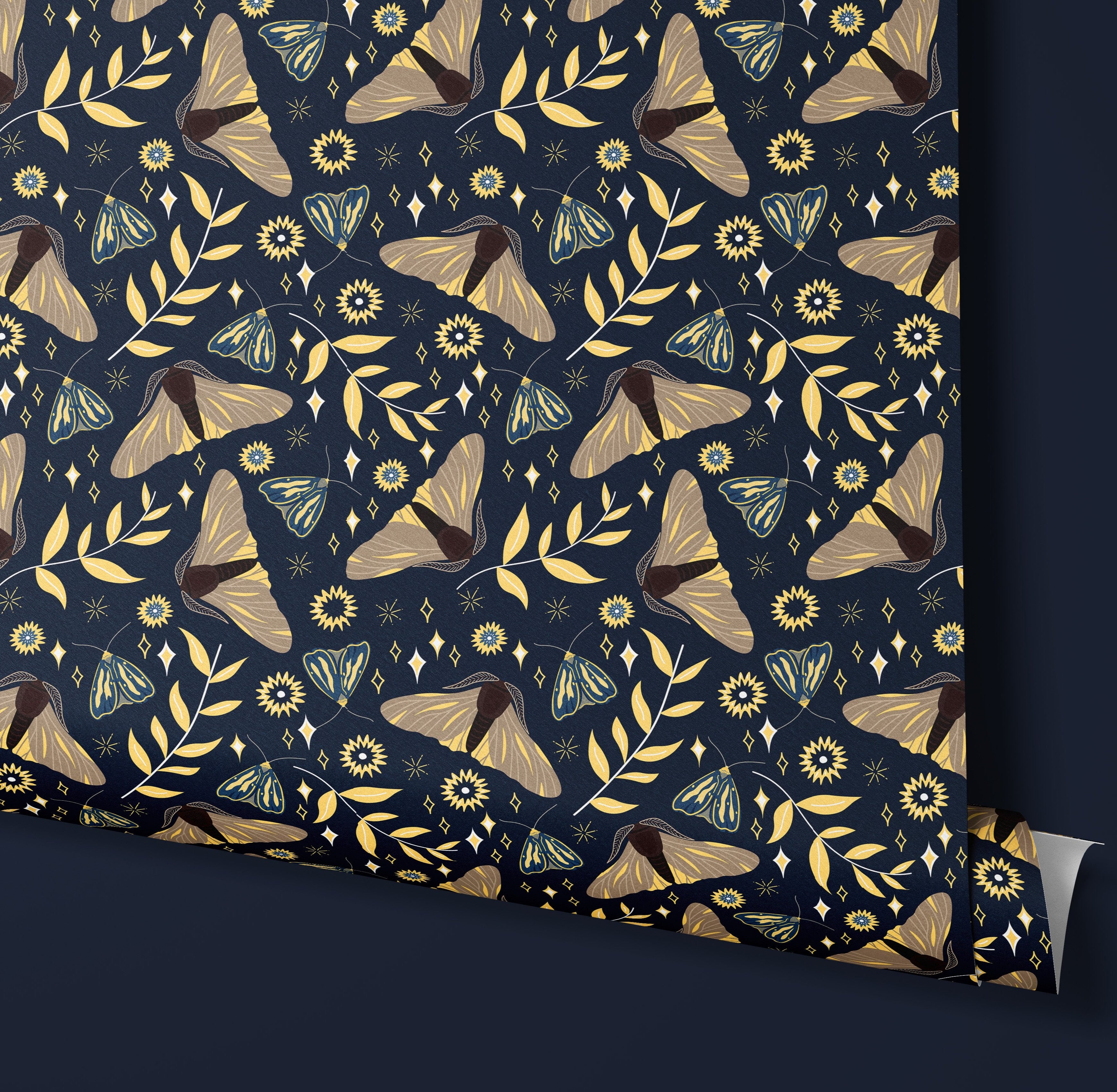 Contact paper 1139: A dark navy contact paper adorned with golden moths, delicate butterflies, and botanical accents, creating a vintage celestial aesthetic with a mystical touch.