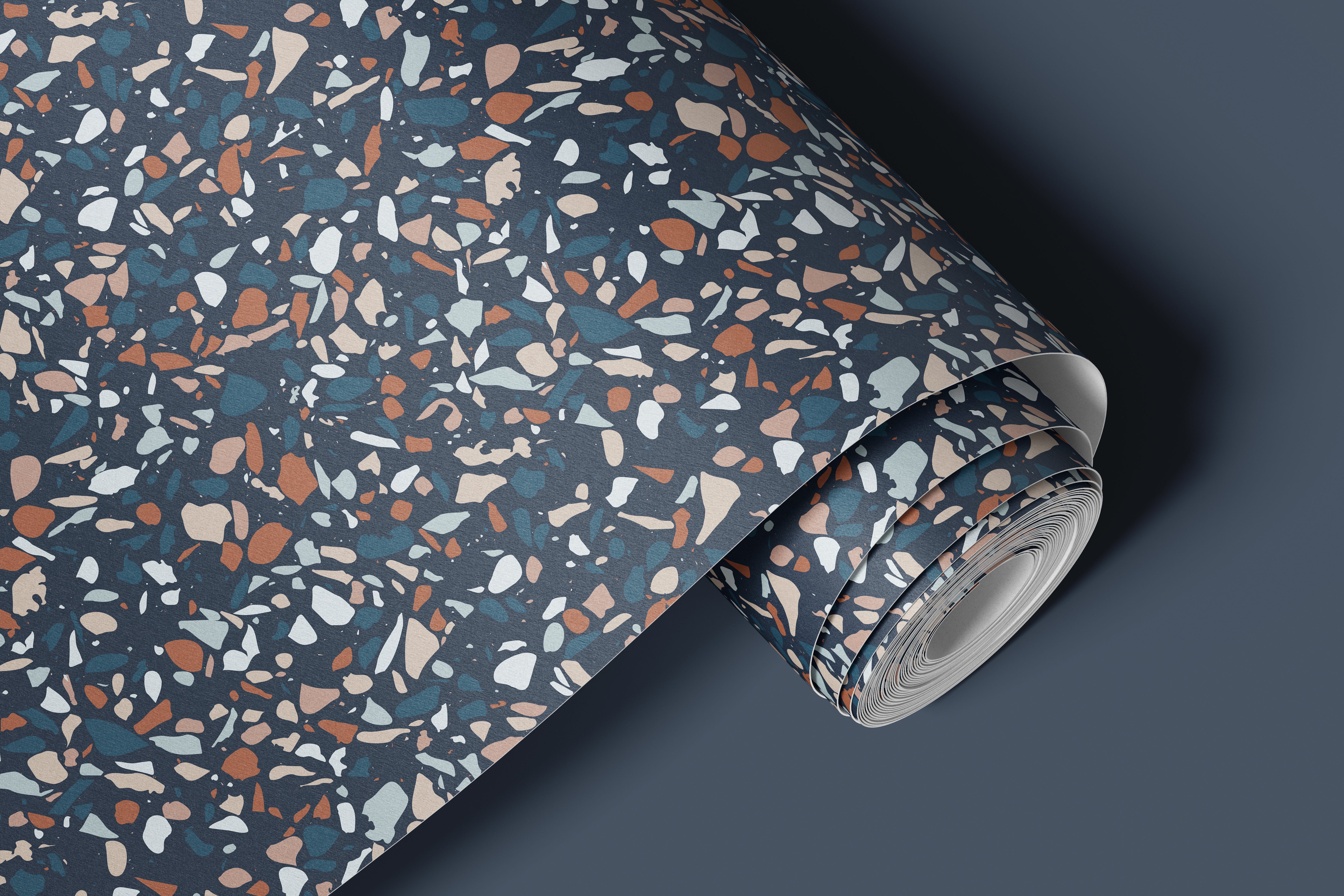 Contact Paper 116: A dark terrazzo-style contact paper featuring scattered speckled stone patterns in earthy tones of brown, beige, and blue, creating a modern, industrial-inspired aesthetic.