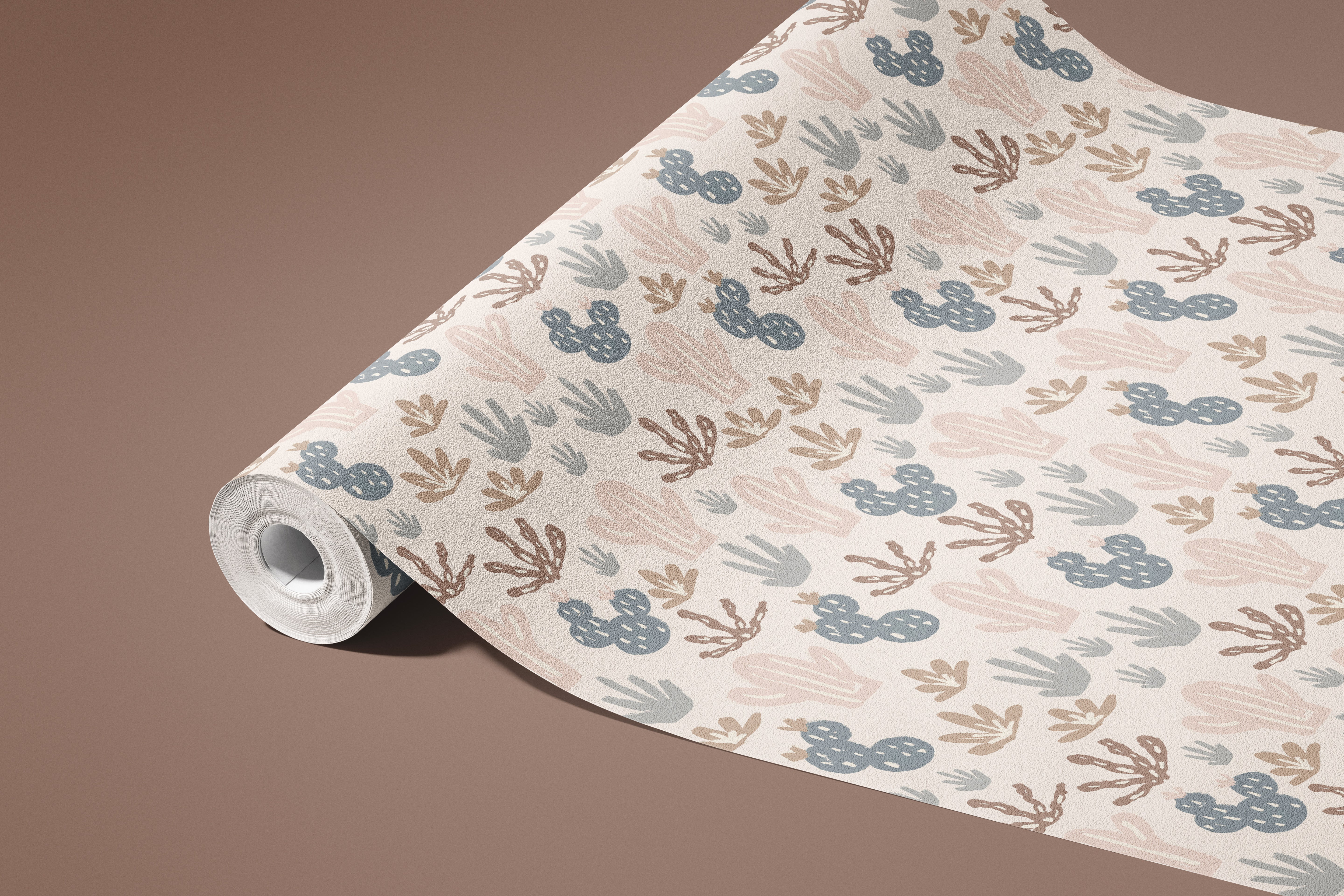 Contact Paper 1160: A neutral-toned contact paper featuring an artistic cactus and desert plant pattern in soft beige, dusty blue, and brown, ideal for a boho, southwestern, or rustic aesthetic.