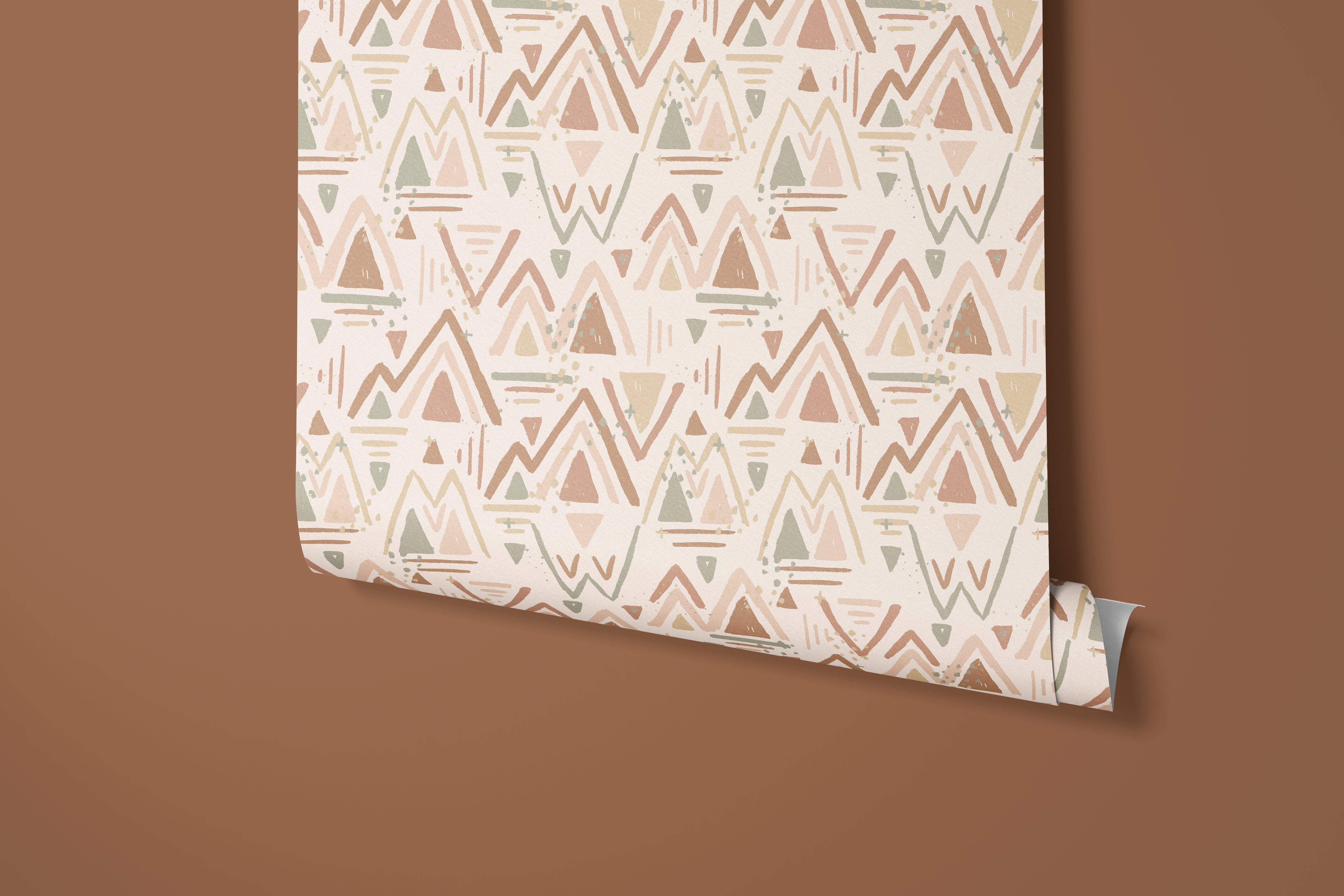 Contact Paper 1161: Boho geometric contact paper featuring a hand-painted mountain motif in earthy terracotta, sage, and neutral tones, inspired by southwestern aesthetics.