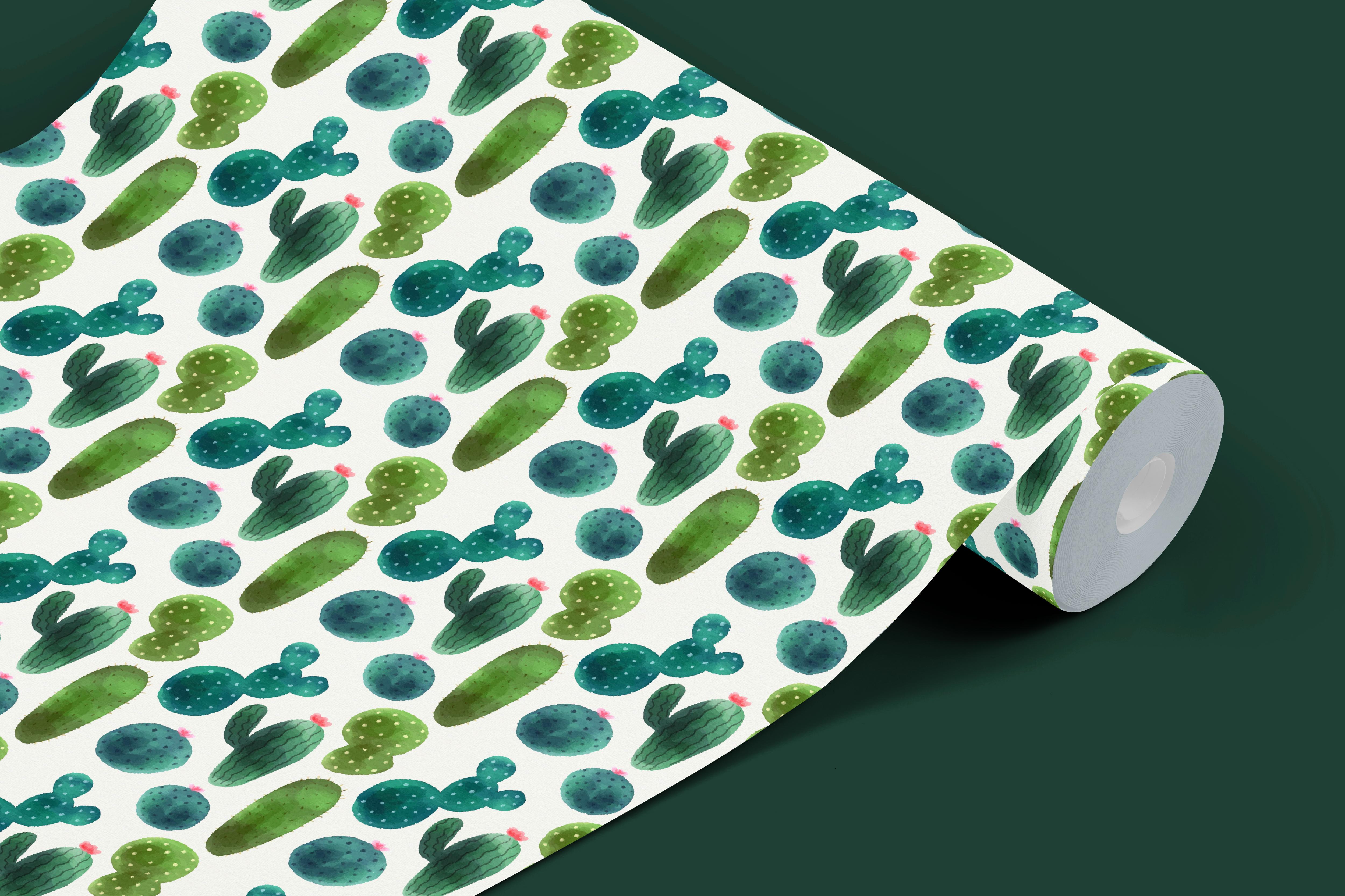 Contact paper 1184: Whimsical watercolor cactus contact paper featuring hand-painted succulents and desert plants in shades of green with soft pastel accents, perfect for a southwestern boho aesthetic.