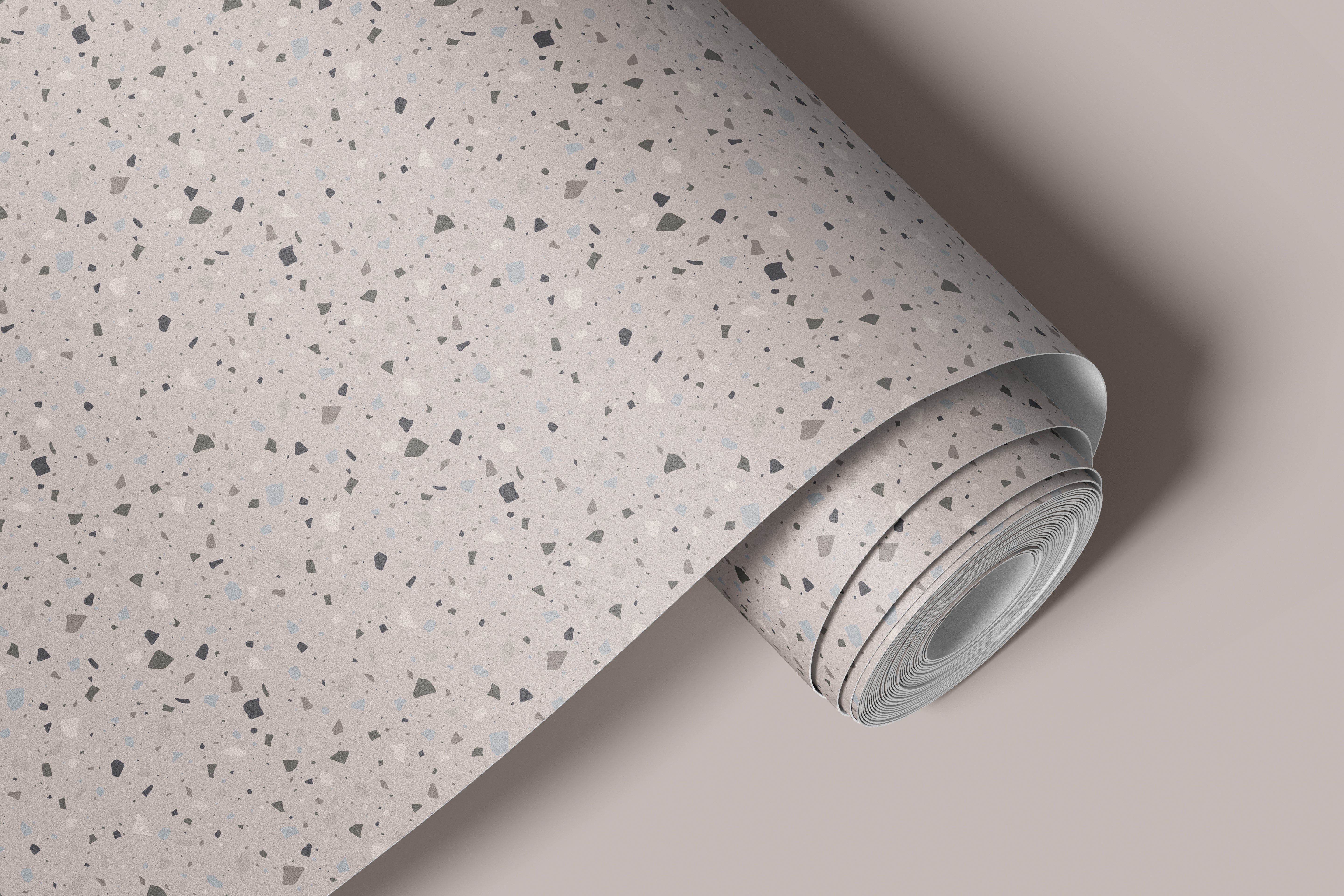 Contact paper 121: A neutral terrazzo-style contact paper featuring soft gray, white, and subtle blue stone speckles in an abstract scattered pattern, perfect for modern and minimalist interiors.