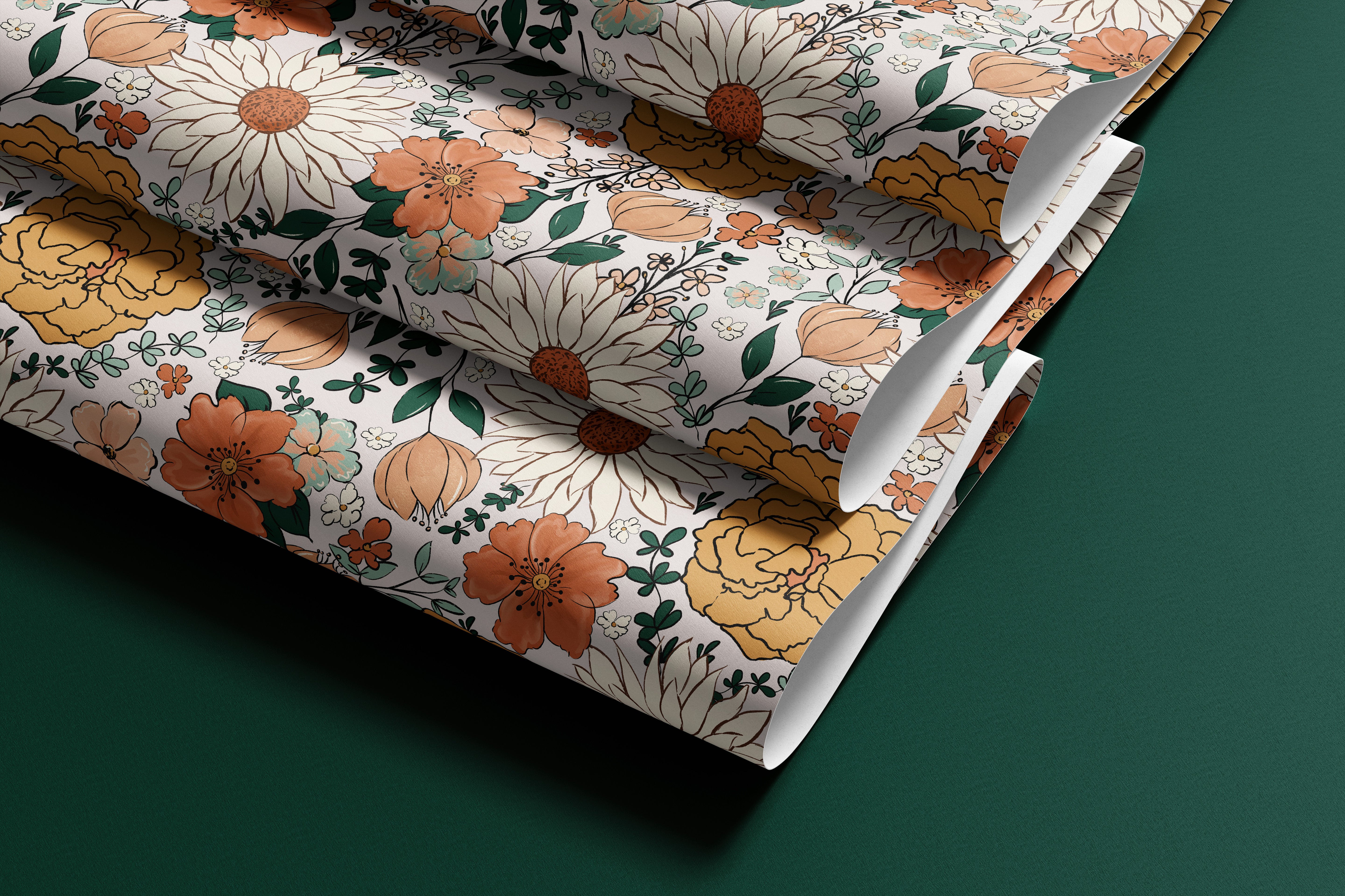 Contact paper 1266: A roll of vintage floral paper featuring hand-drawn daisies, peonies, and poppies in golden yellow, burnt orange, and cream tones, with deep green leaves, perfect for cottagecore and retro-inspired interiors.