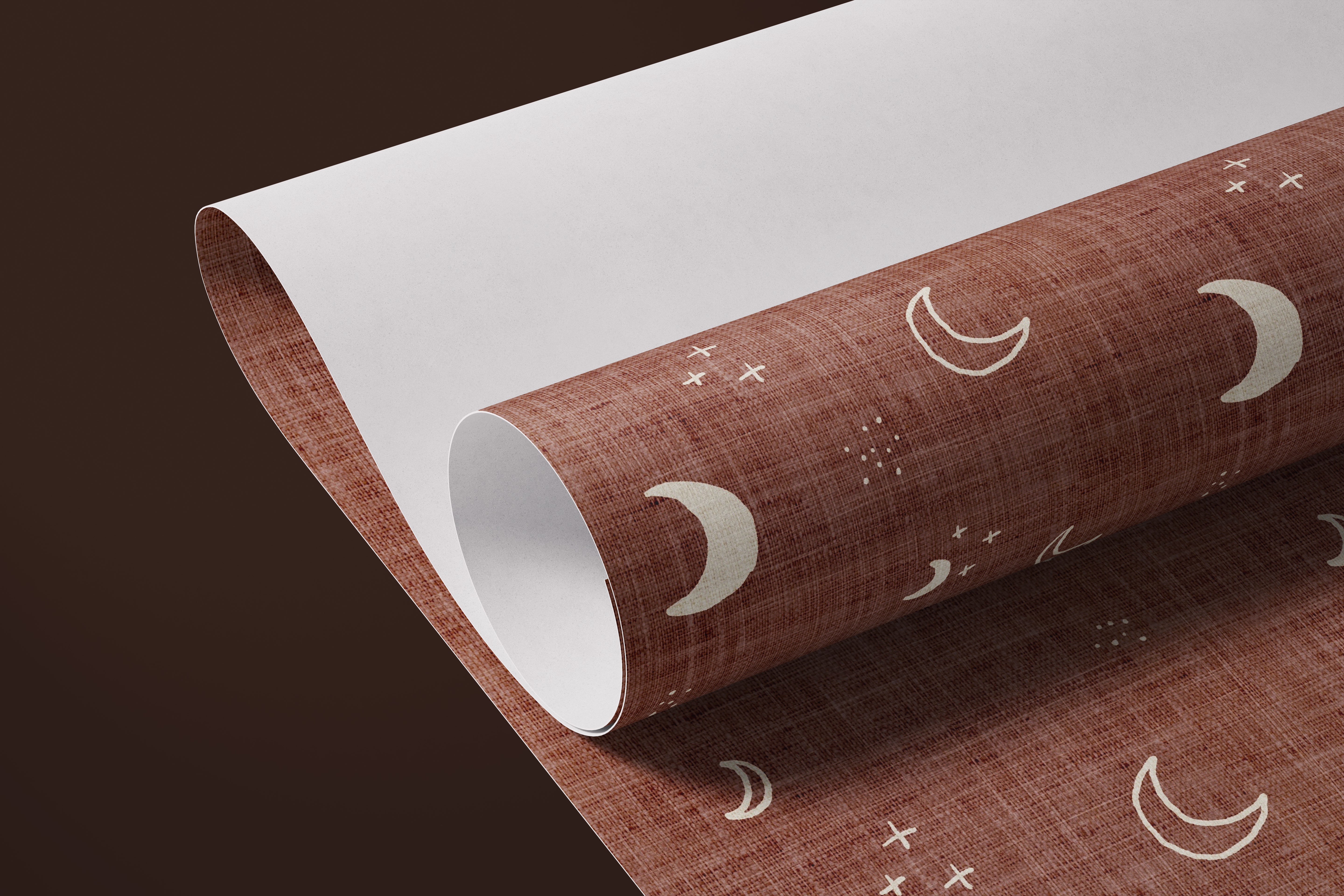 Contact paper 1270: Rustic celestial contact paper featuring a warm brown linen-textured background with hand-drawn moons, stars, and constellation accents, perfect for a cozy boho aesthetic.