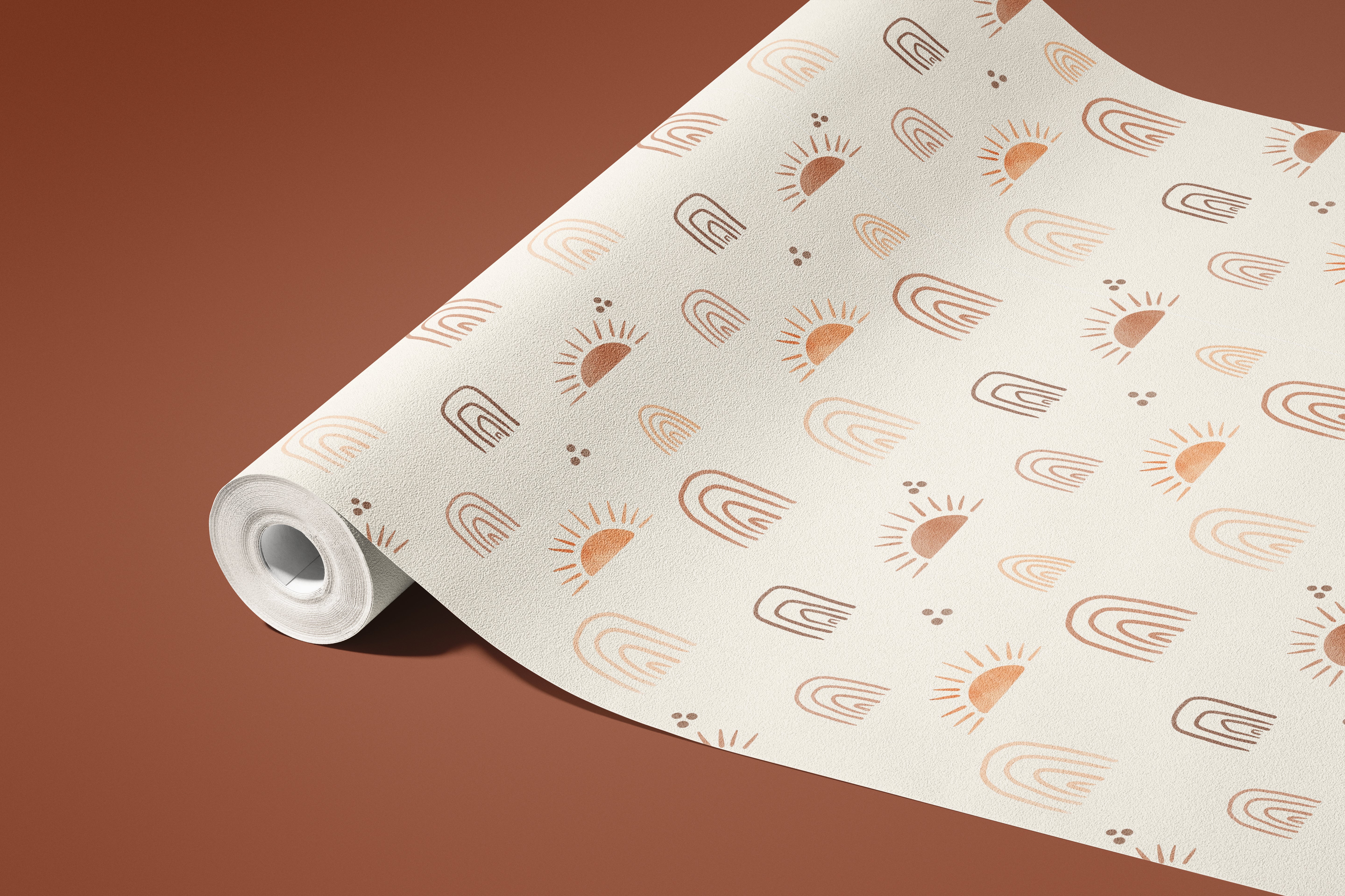 Contact paper 1273: A neutral bohemian contact paper featuring warm earth-toned sunbursts, hand-drawn arches, and abstract geometric elements on a beige background, ideal for modern and minimalist interiors.