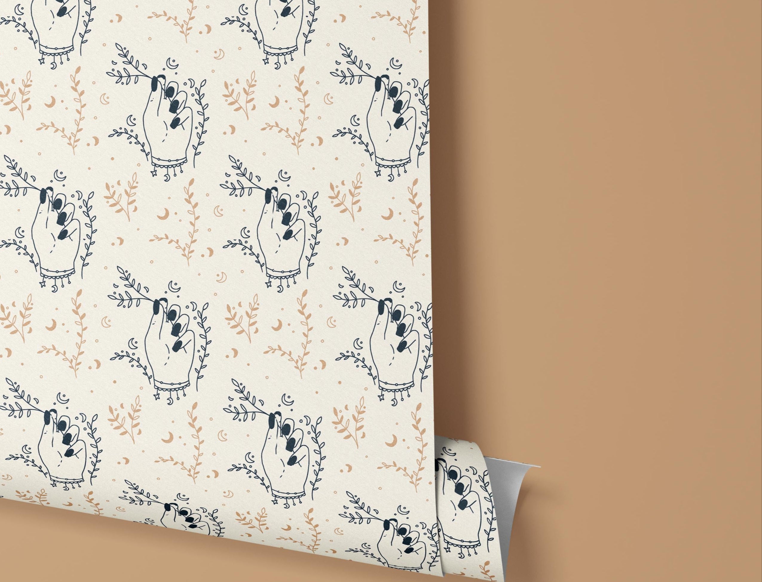 Contact Paper 1278: A boho-inspired contact paper featuring hand-drawn mystical hands, delicate floral accents, and lunar symbols in navy and beige tones, perfect for adding a touch of celestial charm to any space.