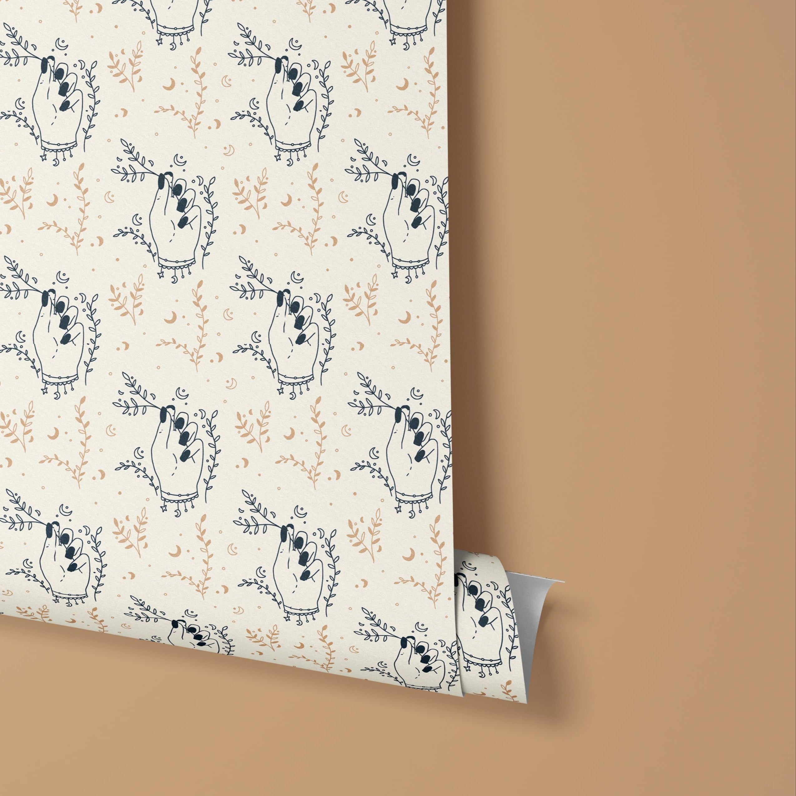 Contact Paper 1278: A boho-inspired contact paper featuring hand-drawn mystical hands, delicate floral accents, and lunar symbols in navy and beige tones, perfect for adding a touch of celestial charm to any space.