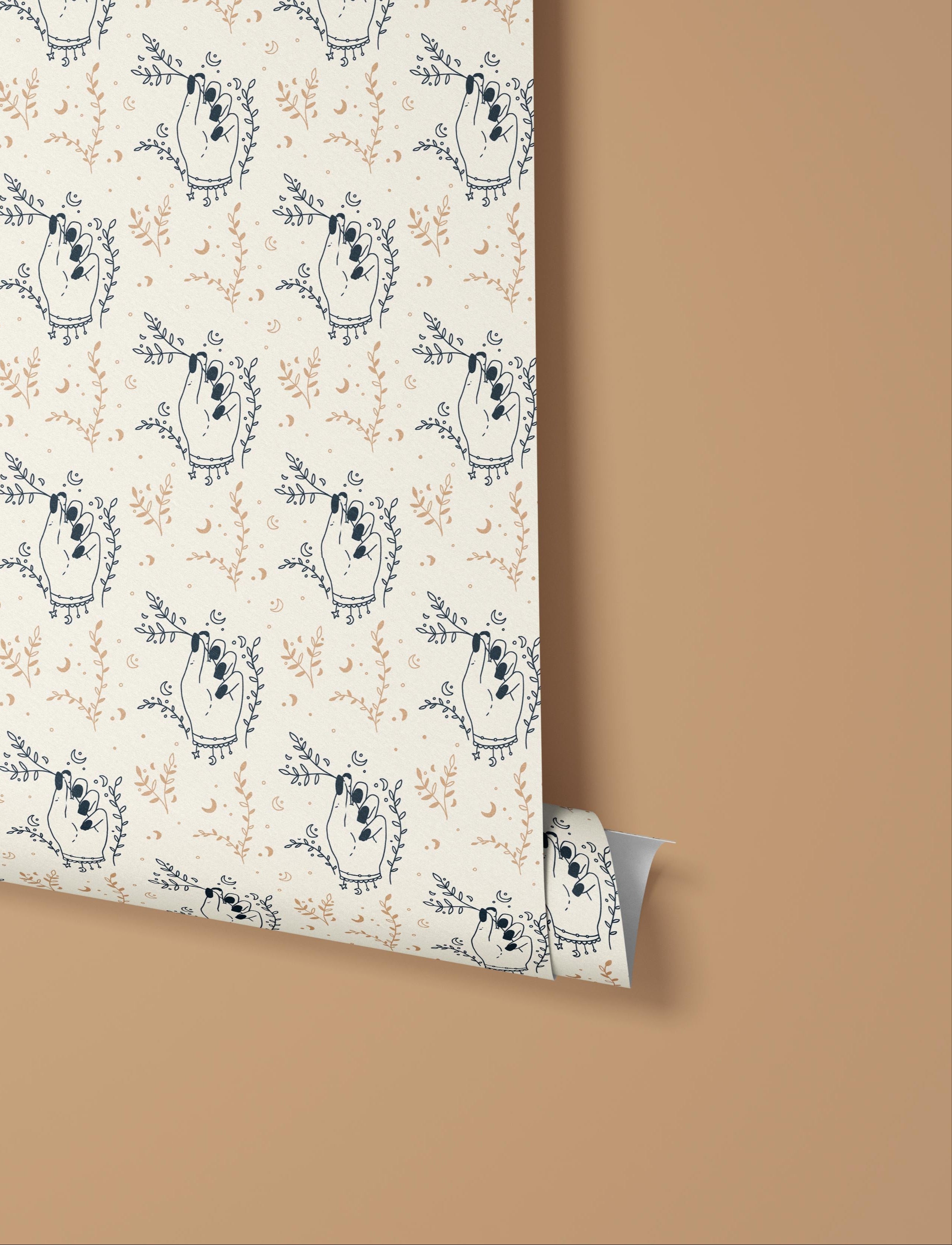 Contact Paper 1278: A boho-inspired contact paper featuring hand-drawn mystical hands, delicate floral accents, and lunar symbols in navy and beige tones, perfect for adding a touch of celestial charm to any space.