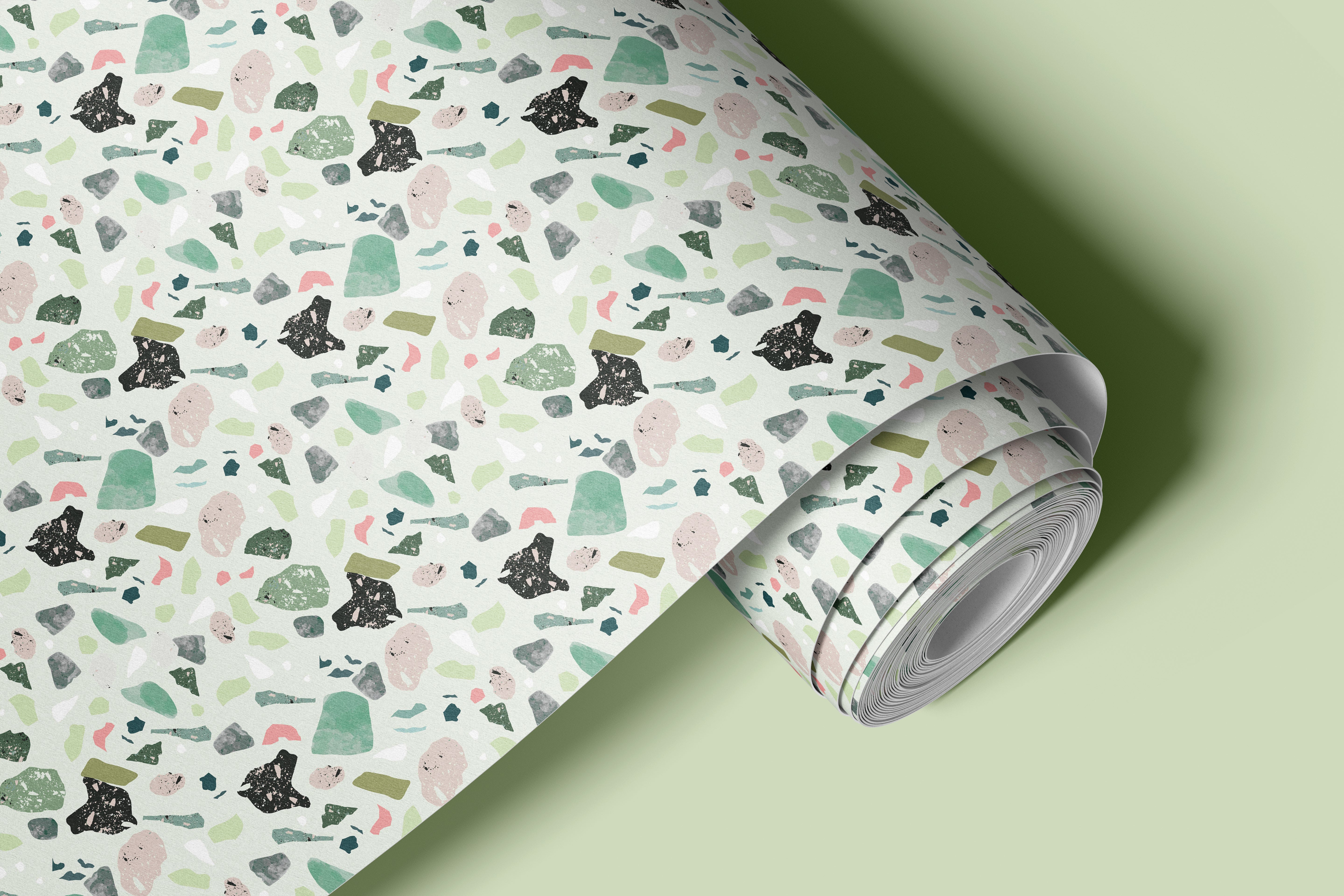 Contact Paper 1292: A contemporary terrazzo contact paper featuring a mix of green, pink, black, and neutral speckled stone fragments on a soft pastel background, perfect for modern and minimalist decor.