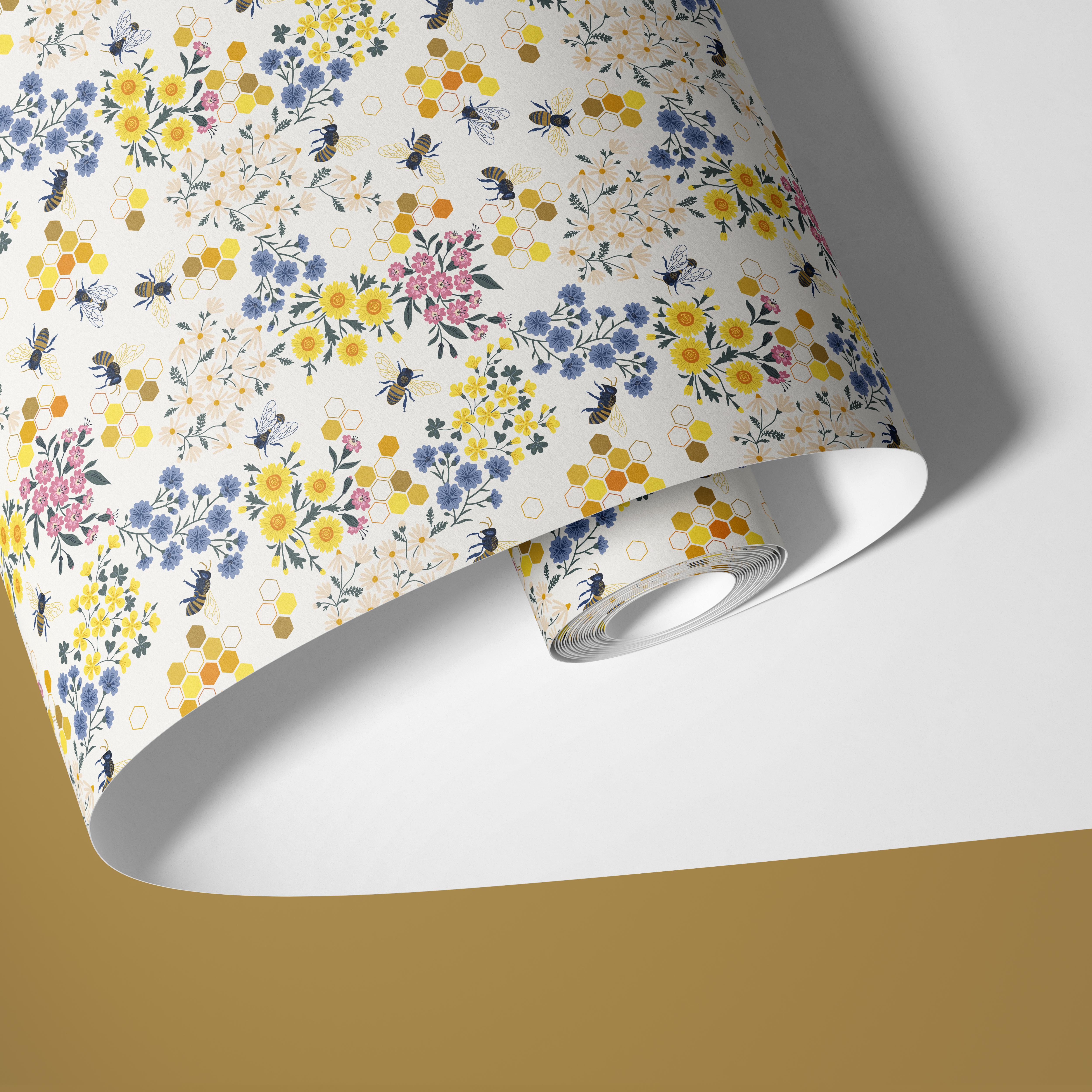 Contact Paper 1355: A vintage-inspired contact paper featuring honeybees, wildflowers, and golden honeycomb details on a soft cream background, perfect for cottagecore and nature-themed decor.
