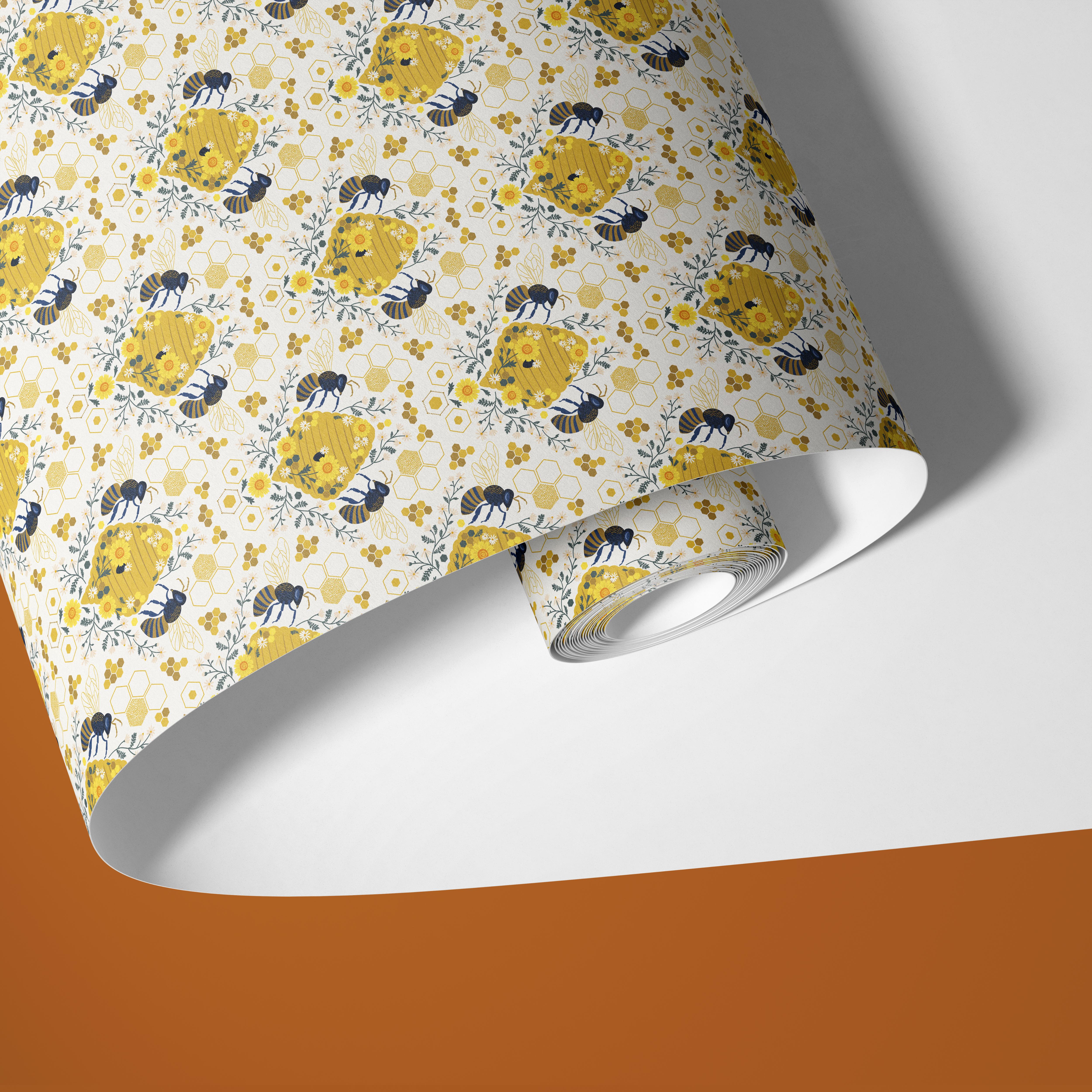 Contact Paper 1356: A charming vintage-inspired contact paper featuring hand-drawn bees, honeycombs, and blooming sunflowers in warm mustard and navy tones, creating a rustic farmhouse aesthetic.