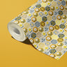 Contact paper 1357: A floral honeycomb contact paper featuring intricate hand-drawn hexagons filled with delicate flowers and leaves in warm mustard, navy, and white tones, creating a vintage-inspired geometric pattern.