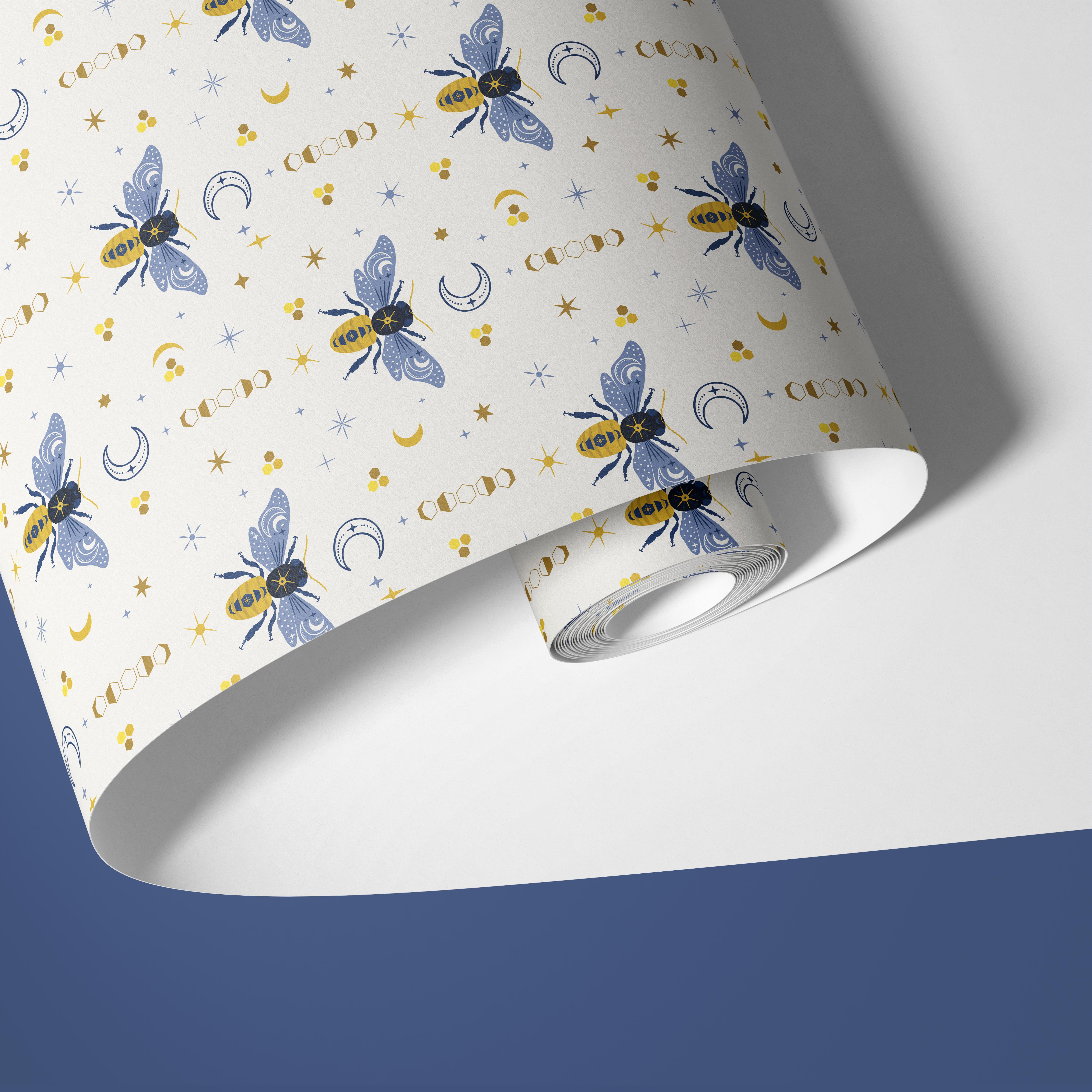 Contact paper 1358: A celestial-themed contact paper featuring hand-drawn bees, moon phases, stars, and honeycombs in deep blue and golden tones, creating a mystical and whimsical aesthetic.
